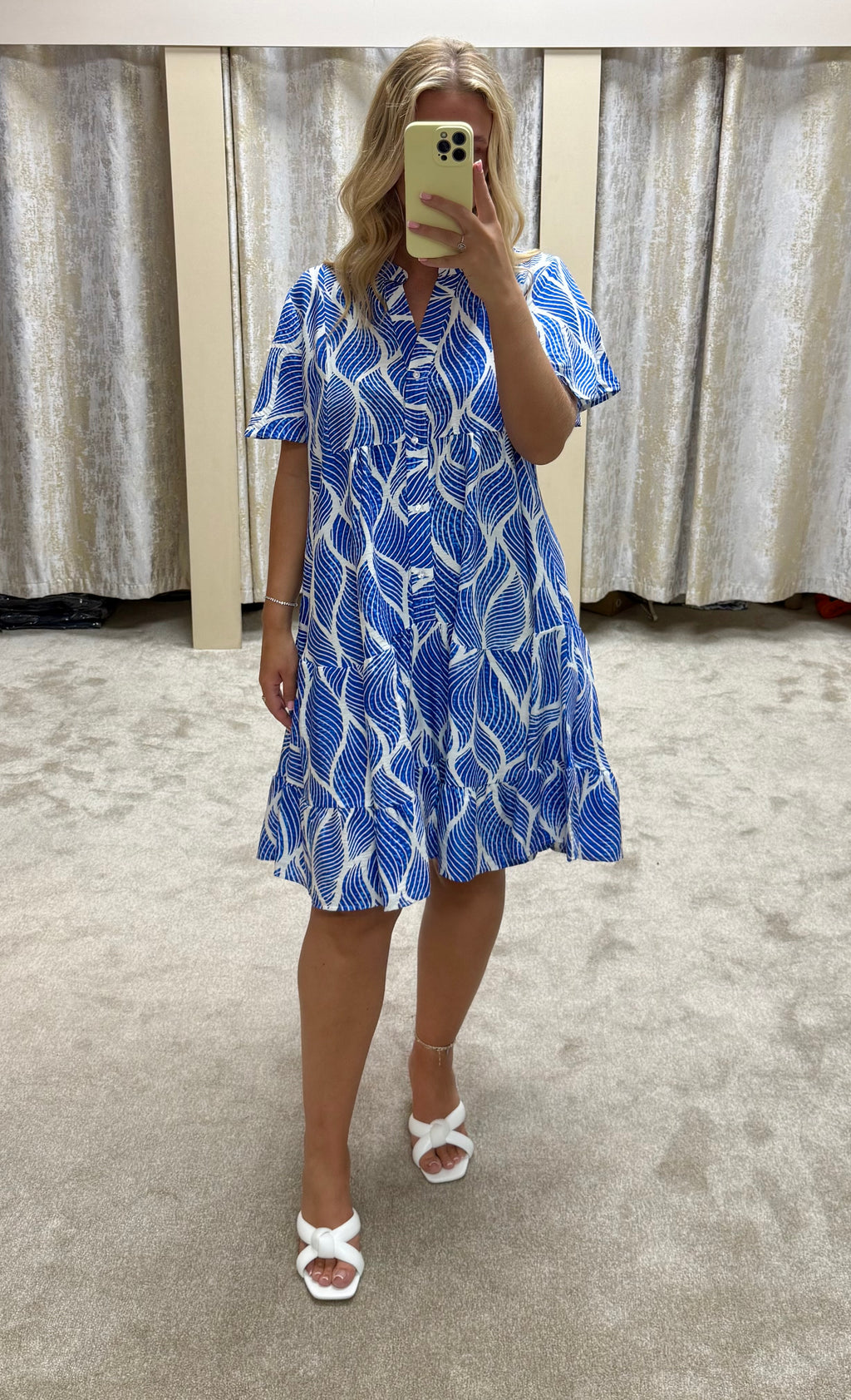 Royal Blue & White Patterned Tiered Floaty Dress