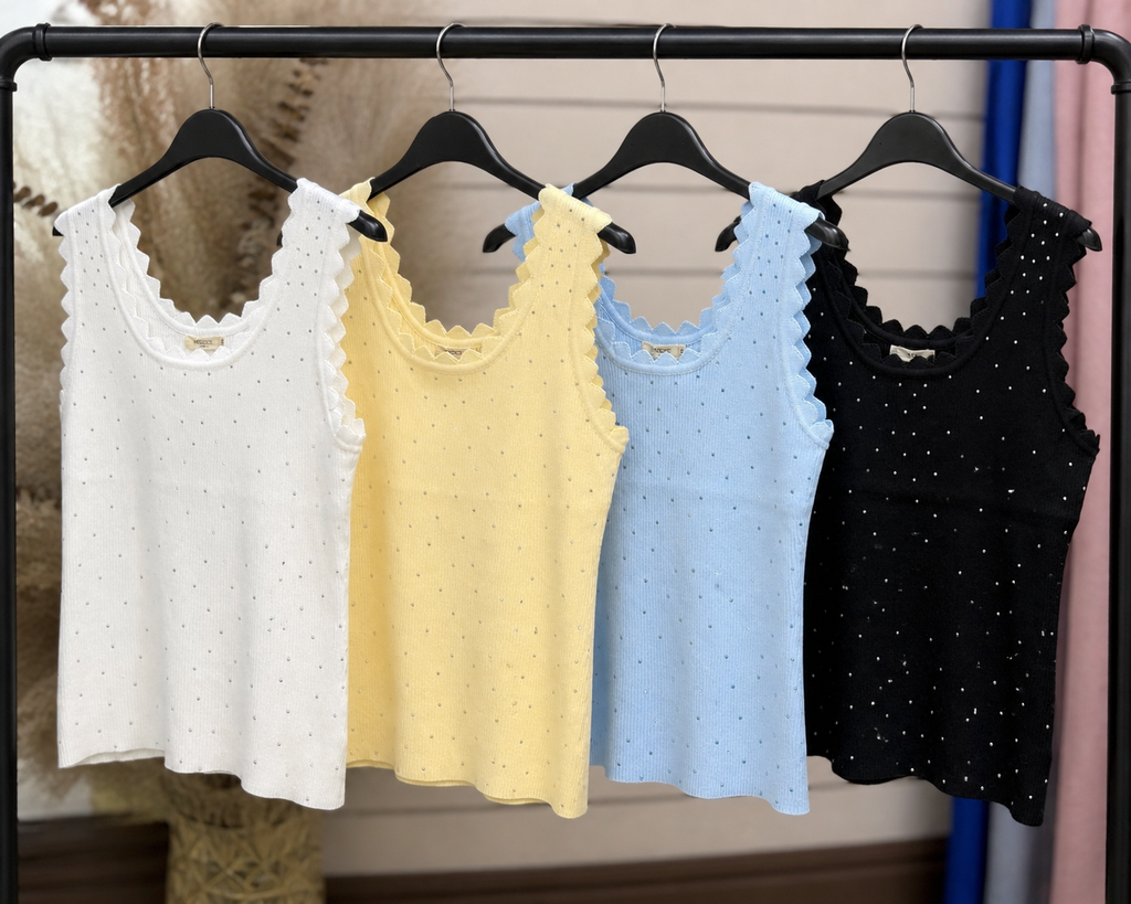 Scallop Trim Round Neck Diamanté Stretchy Vest Top