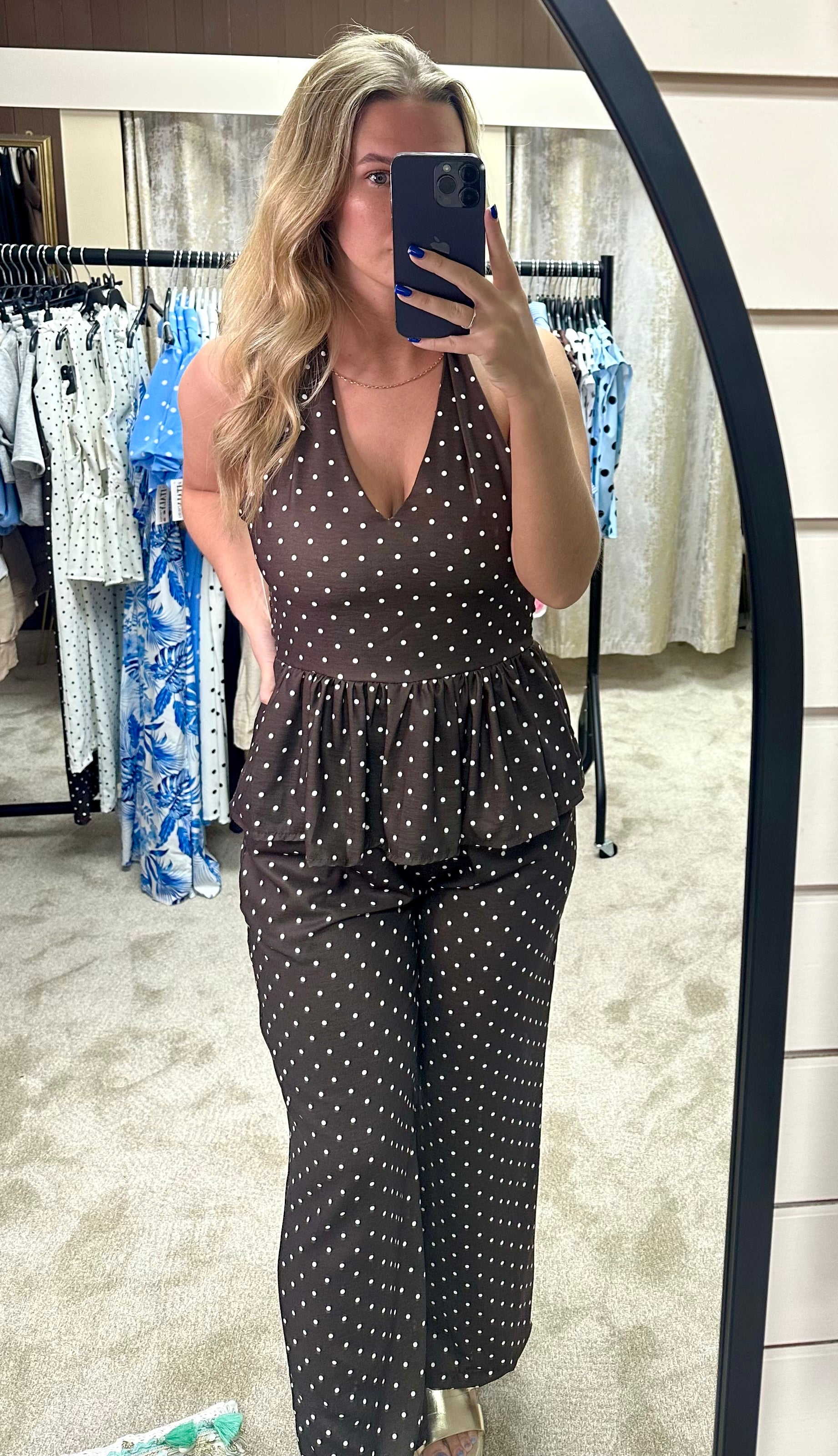Polka Dot Halter Neck Frill Hem Top & Trouser Co Ord