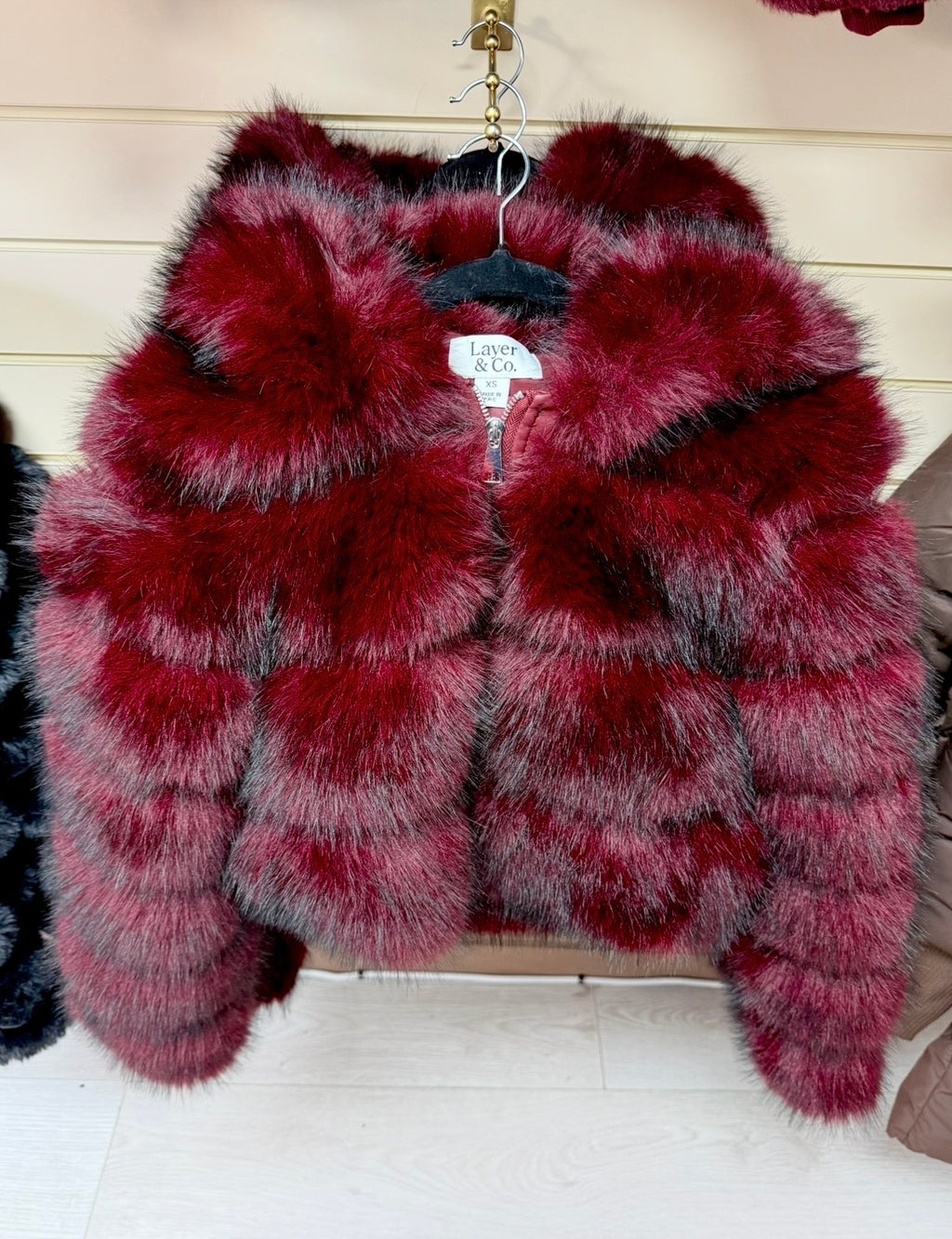 Burgundy Faux Fur Zip Jacket with Hood