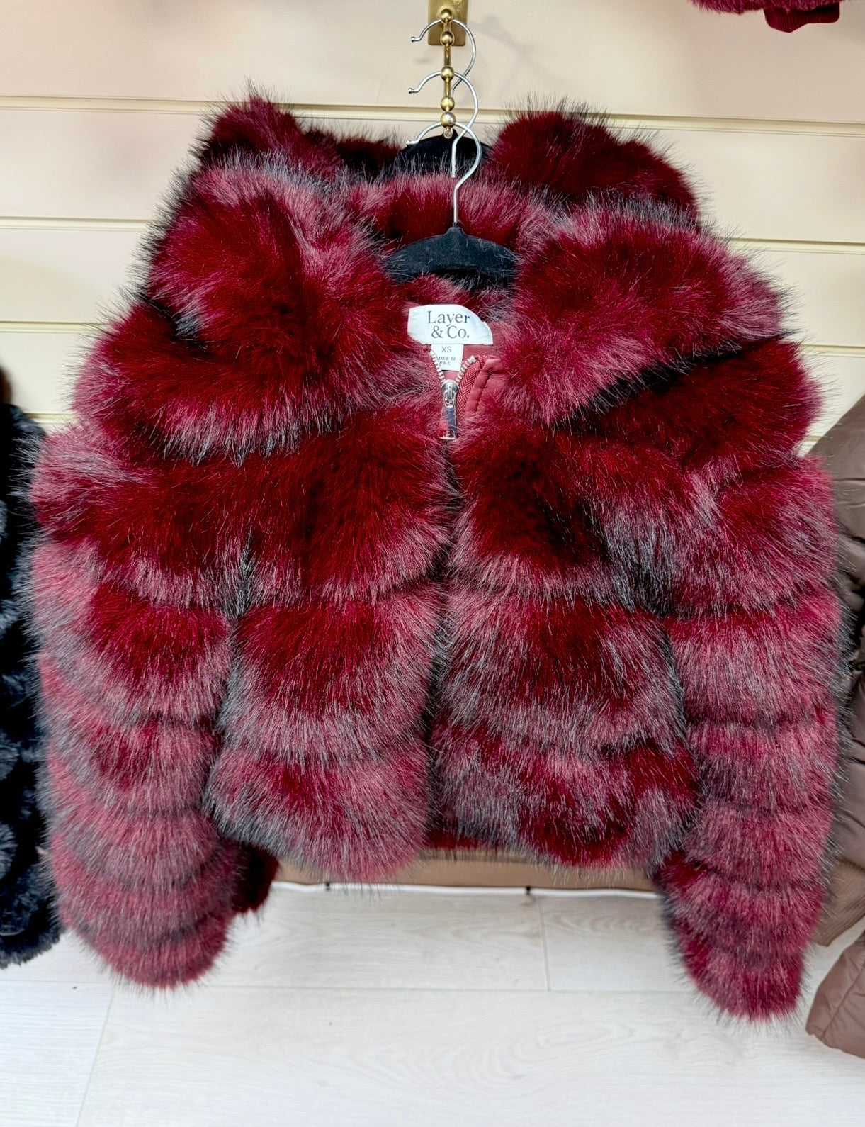 Burgundy Faux Fur Zip Jacket with Hood