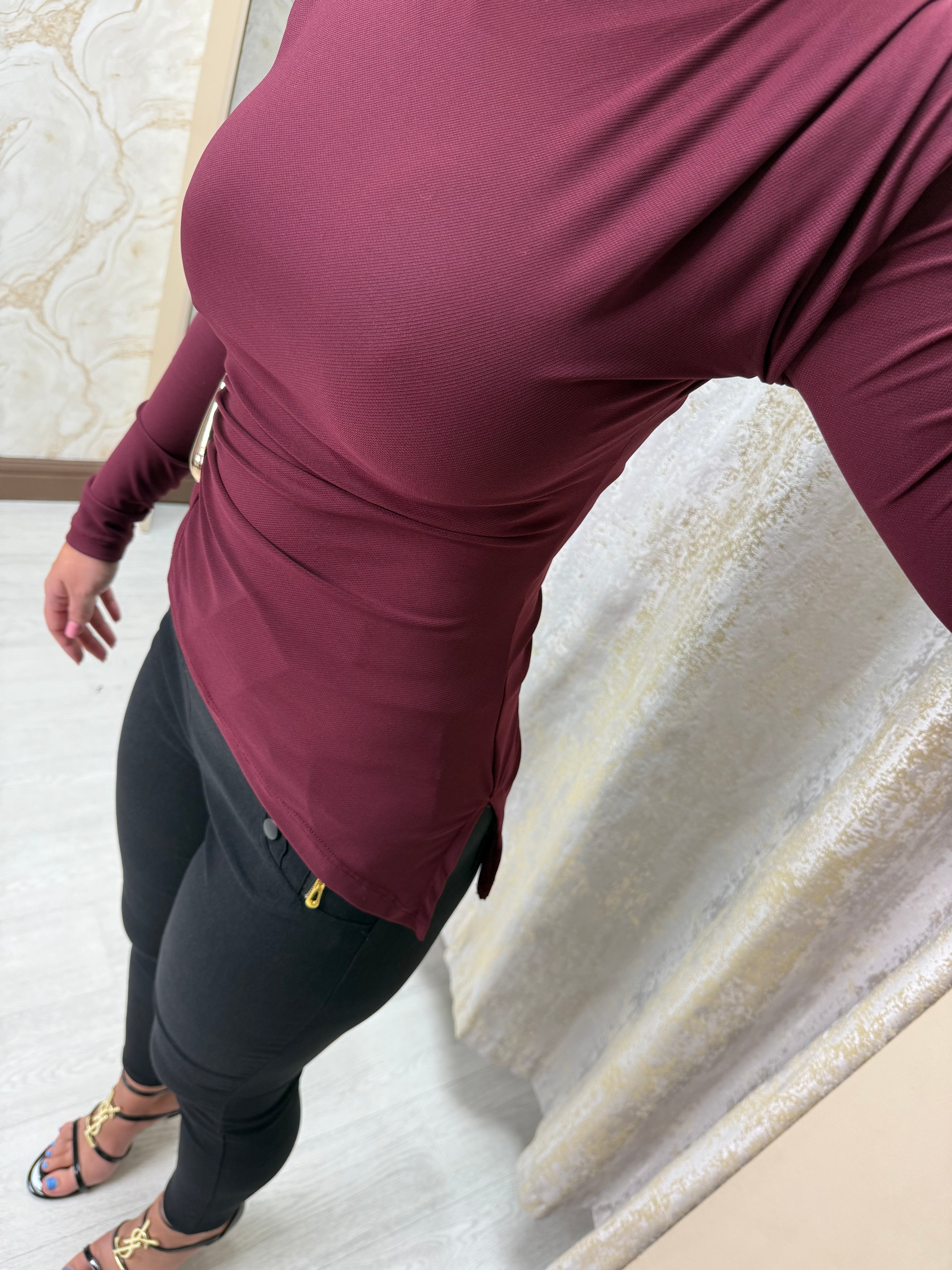 Asymmetric Side Split Long Sleeve Buckle Top with Shoulder Pads & Ruched Detailing