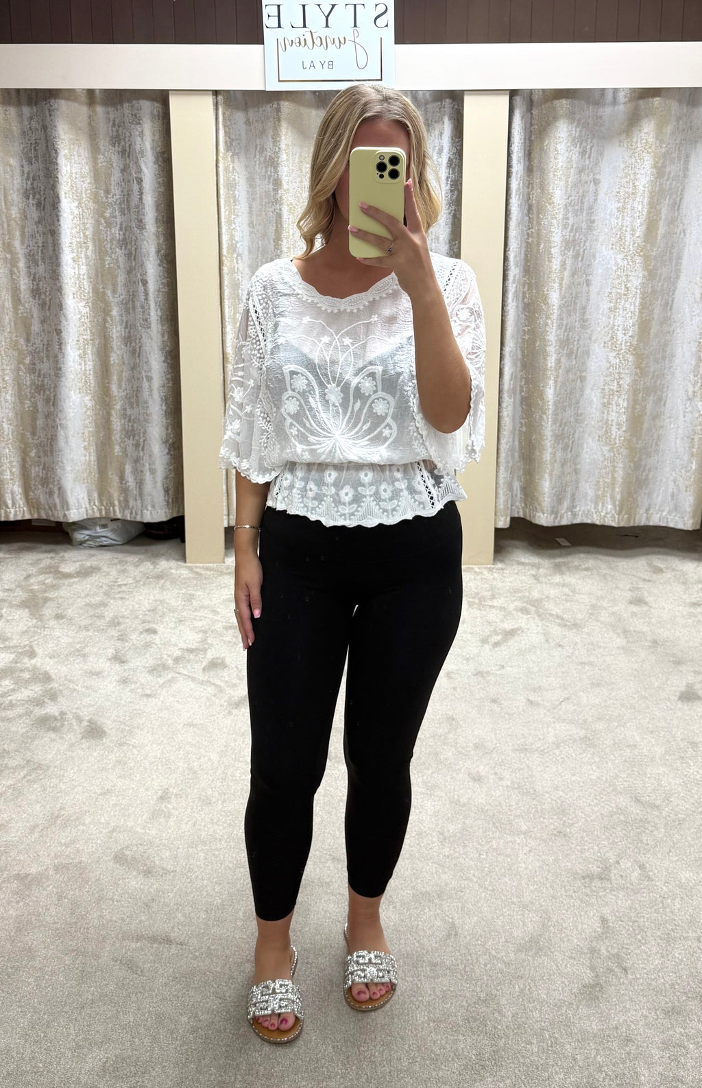Butterly Embroidered Elasticated Waist Crochet Detail Top