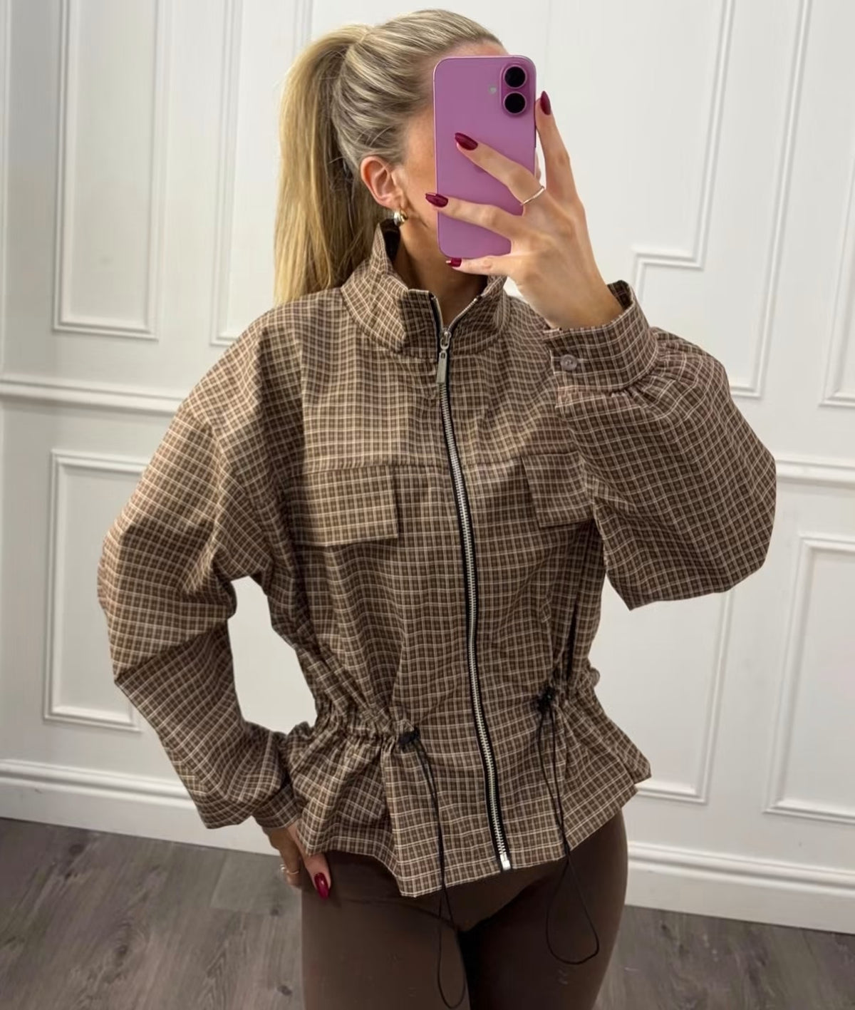 Checked Print Waist Cinching Toggle Jacket
