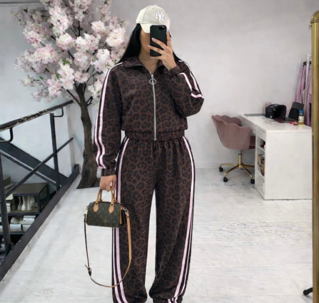 Leopard Print Stripe Detail Elasticated Toggle Joggers