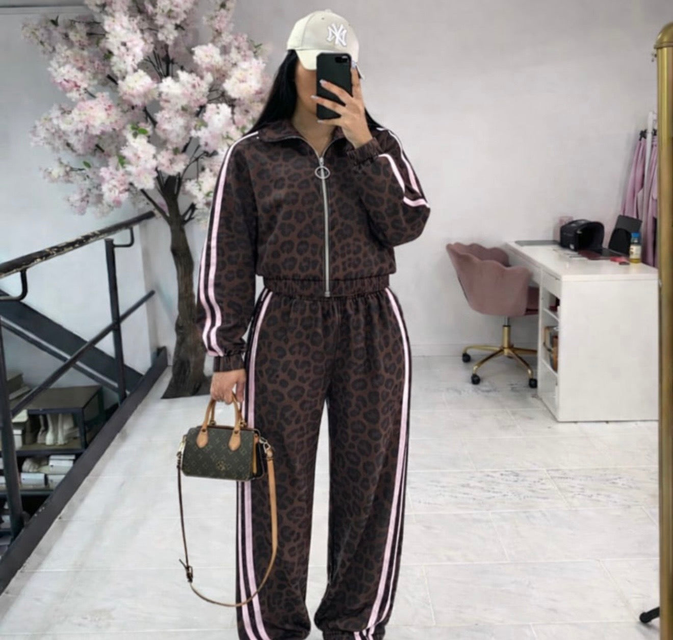 Leopard Print Stripe Detail Elasticated Toggle Joggers