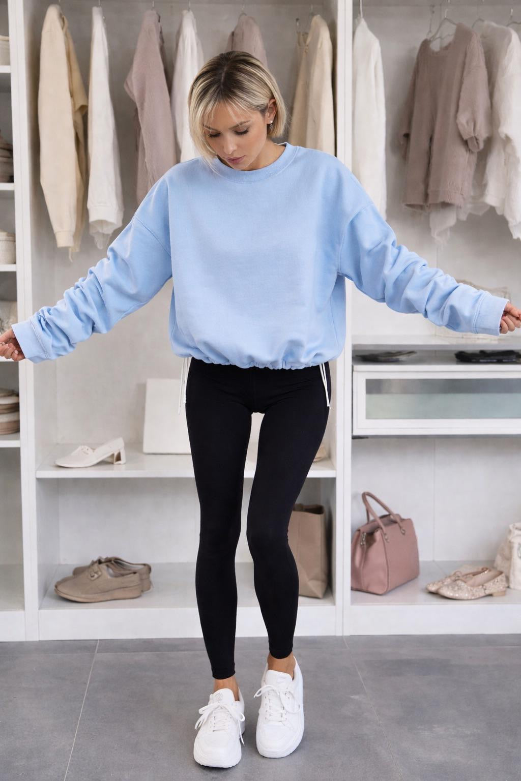 Oversized Soft Scuba Waist Cinching Toggle Jumpers with Ruched Sleeve Detail