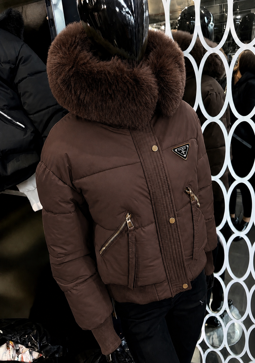Luxe Faux Fur Paris Logo Coat - Chocolate Brown