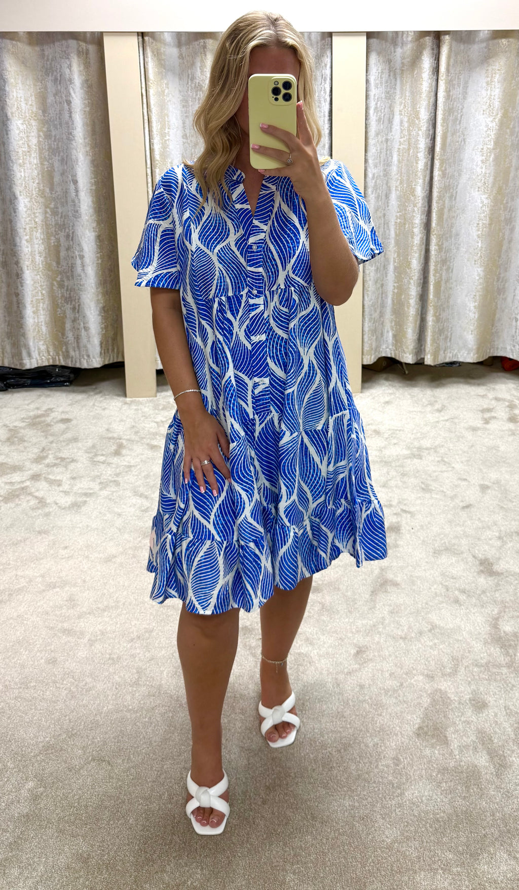 Royal Blue & White Patterned Tiered Floaty Dress