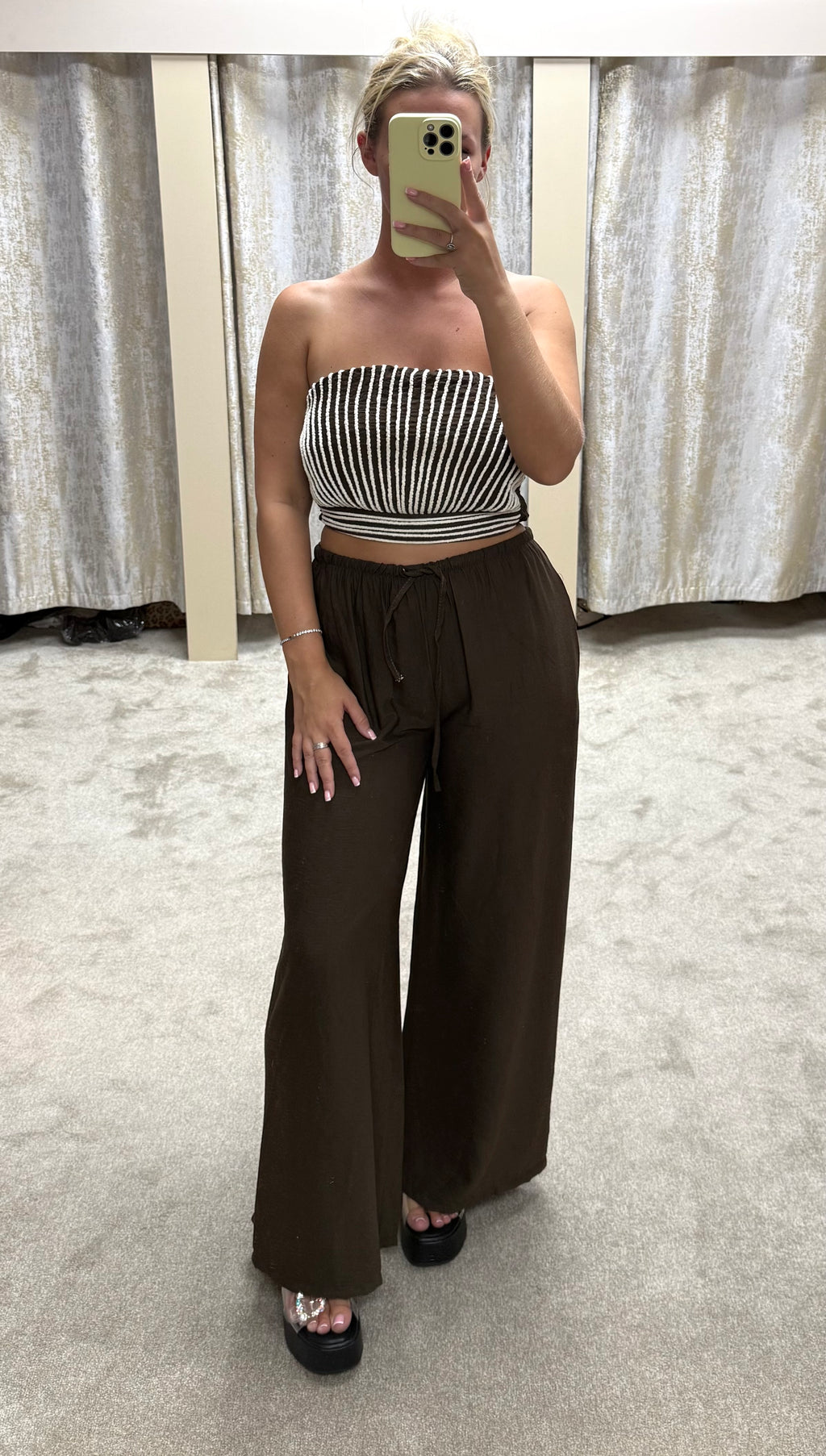 Chocolate Brown & White Bandeau Top & Trouser Co Ord