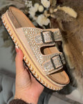 Diamanté Adjustable Buckle Platform Sliders- Beige