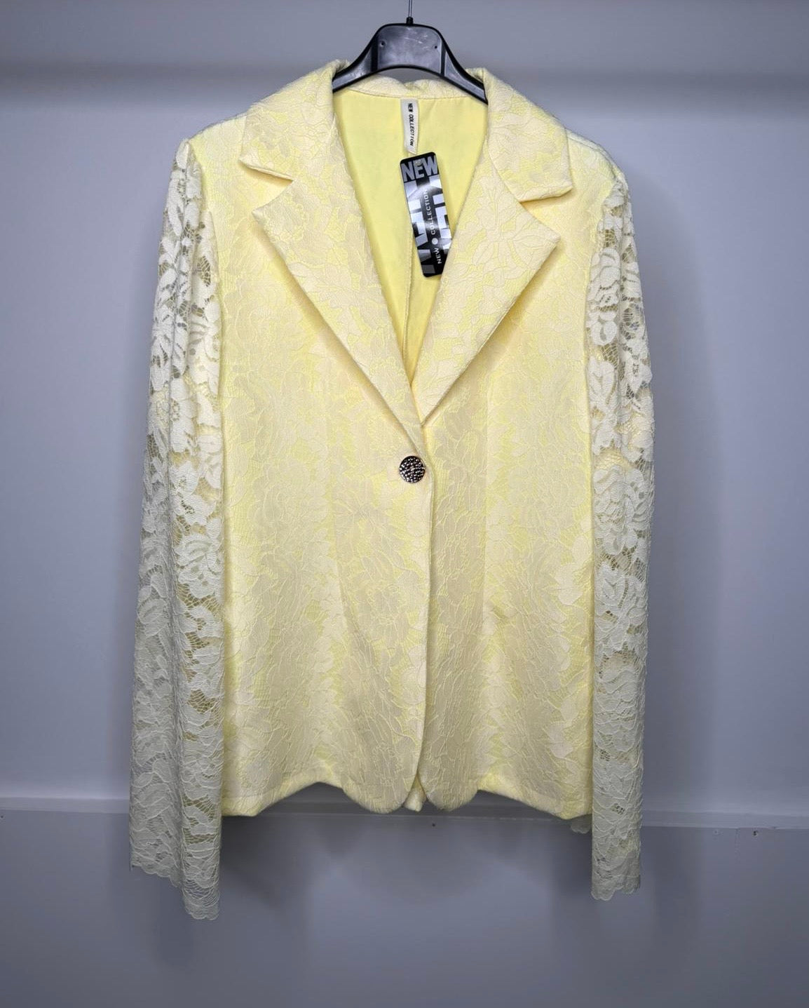 Lace Sleeve Detail Blazer with Diamante Button