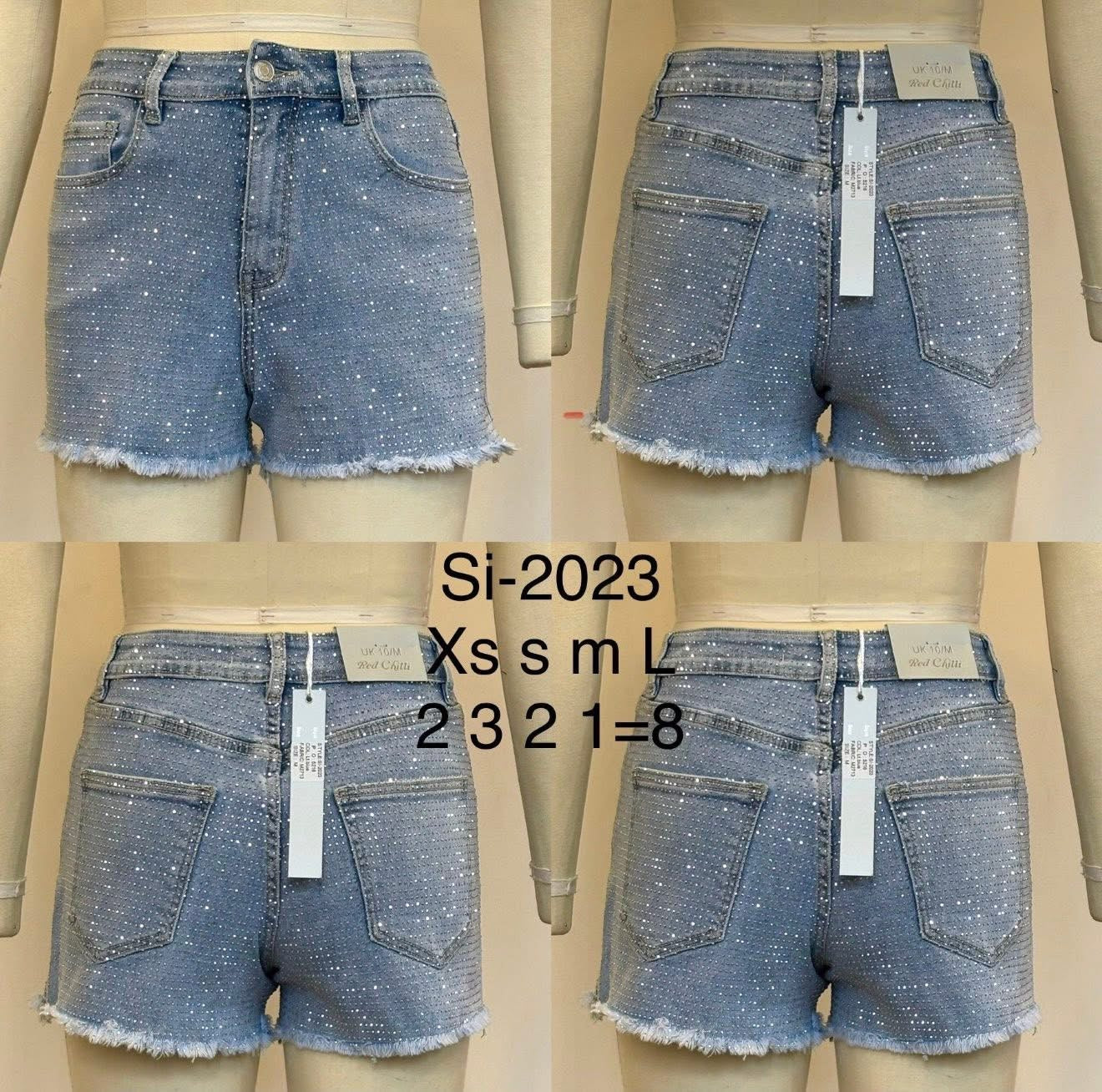 Diamanté Stretchy Denim Shorts with Frayed Hem