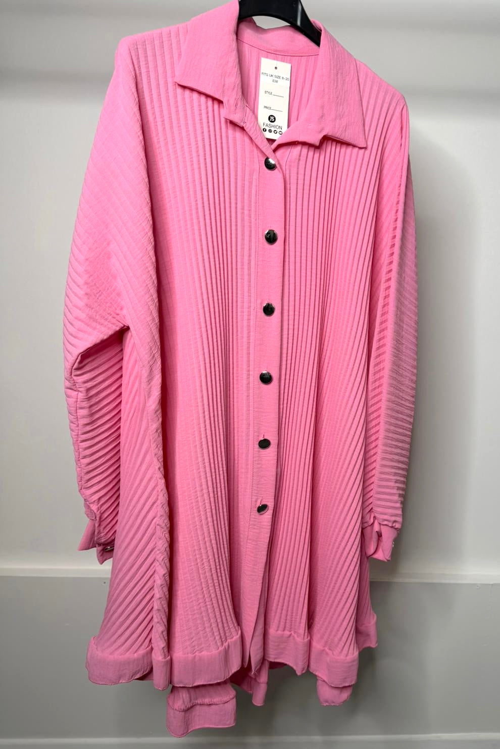 Oversized Pleated Plisse Frill Ruffe Long Sleeve Dress with Gold Button Detail