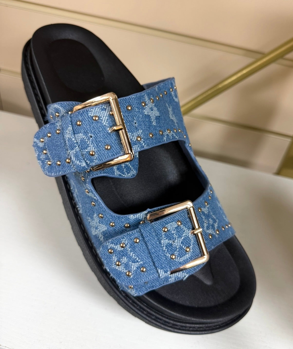 LV Denim Inspired Gold Buckle Detail Sliders