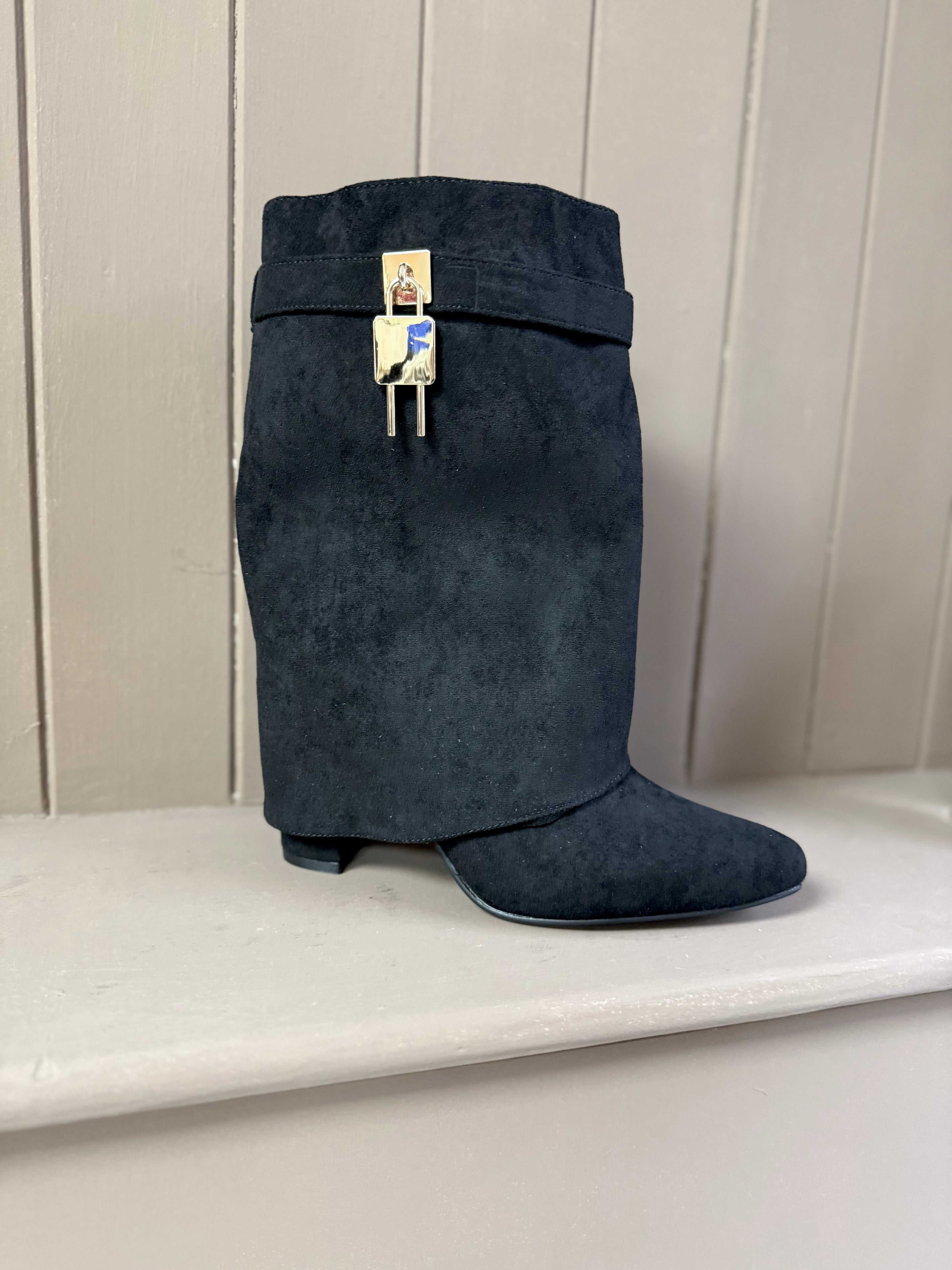 Fold Over Block Heel Shark Boots - Faux Suede with Gold Hardware Detail