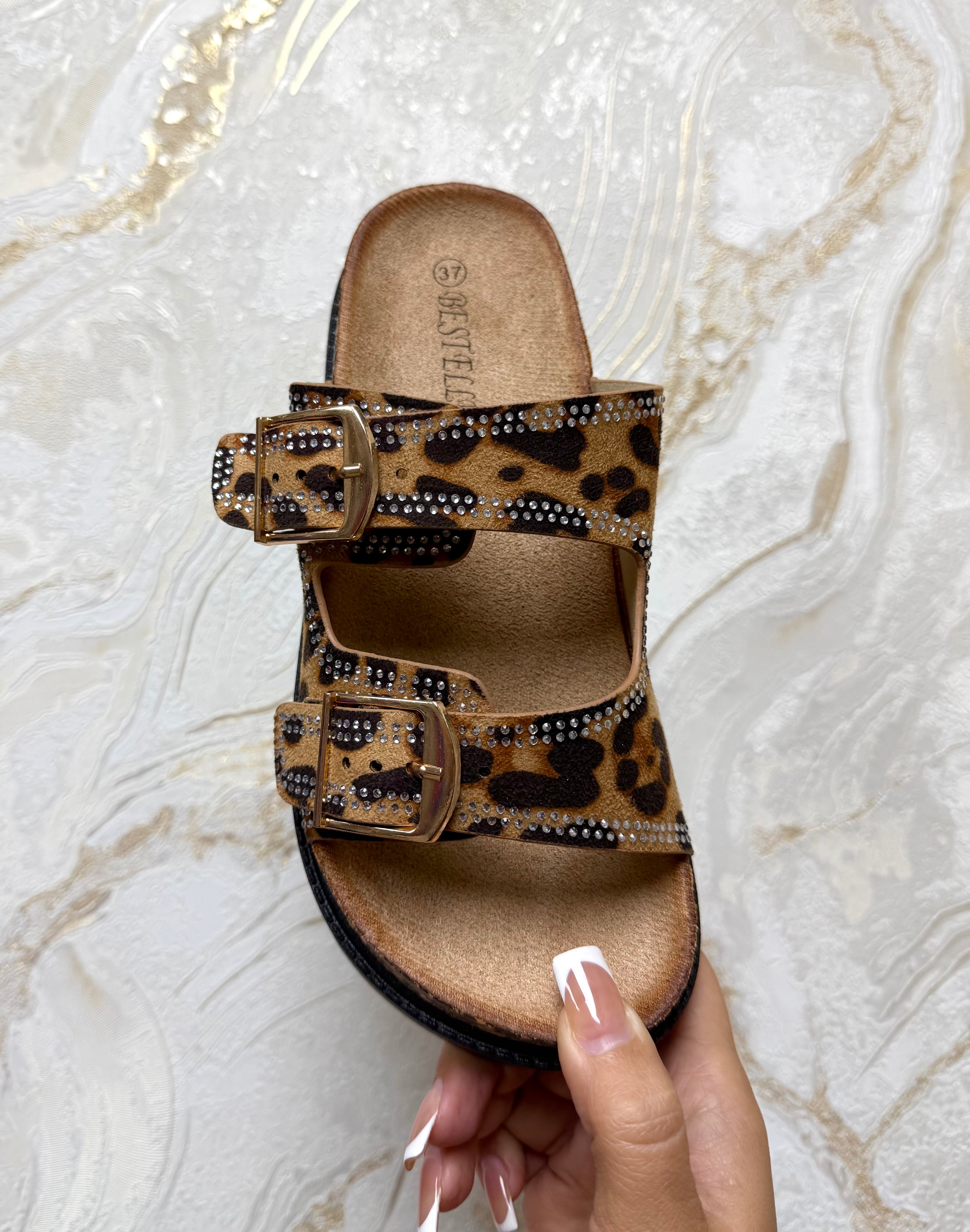 Diamanté Buckle Sliders - Leopard Print
