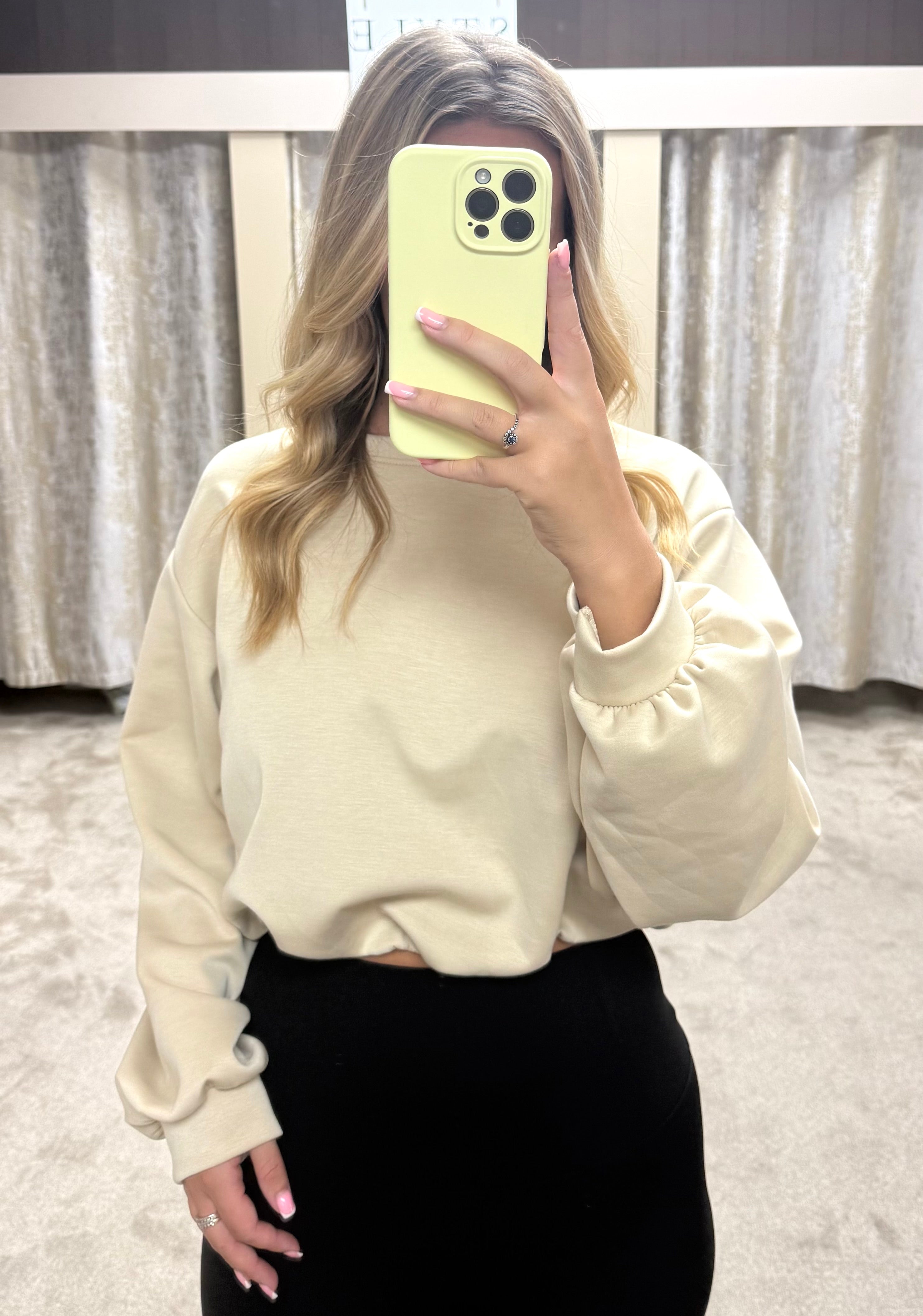 Long Sleeve Bubble Hem Elasticated Cropped Scuba Top