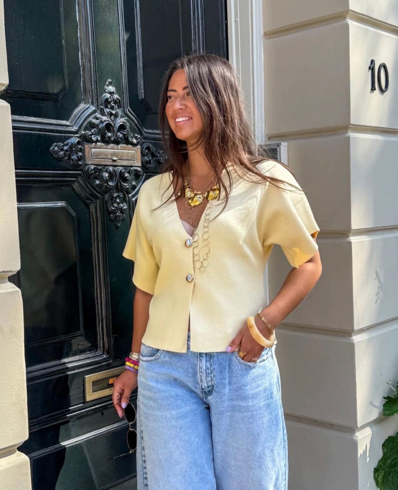 Elegant Front Gold Buckle Cap Sleeve V Neck Top - Lemon