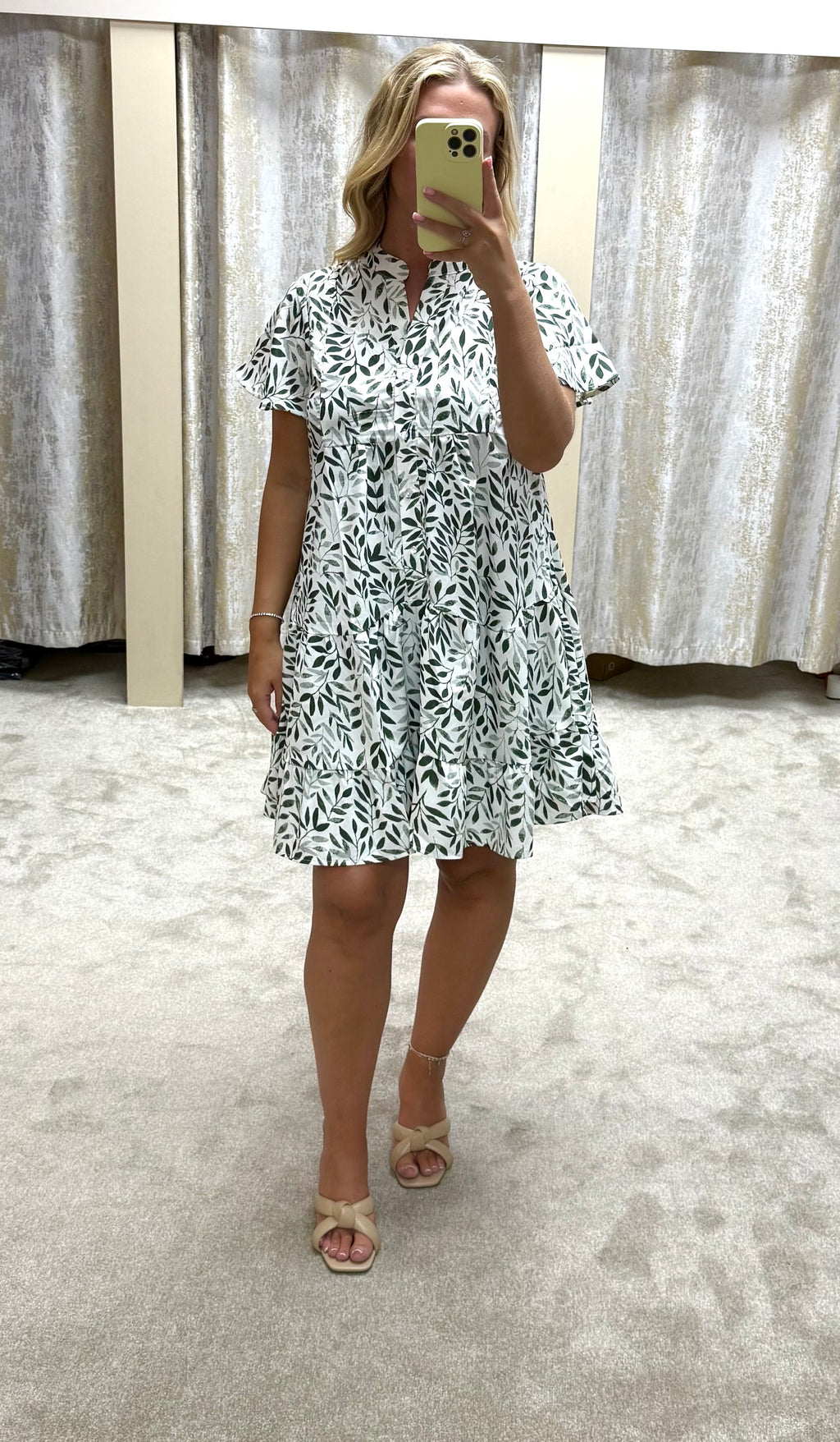 Leaf Print Angel Sleeve Fit & Flare Dress - Green