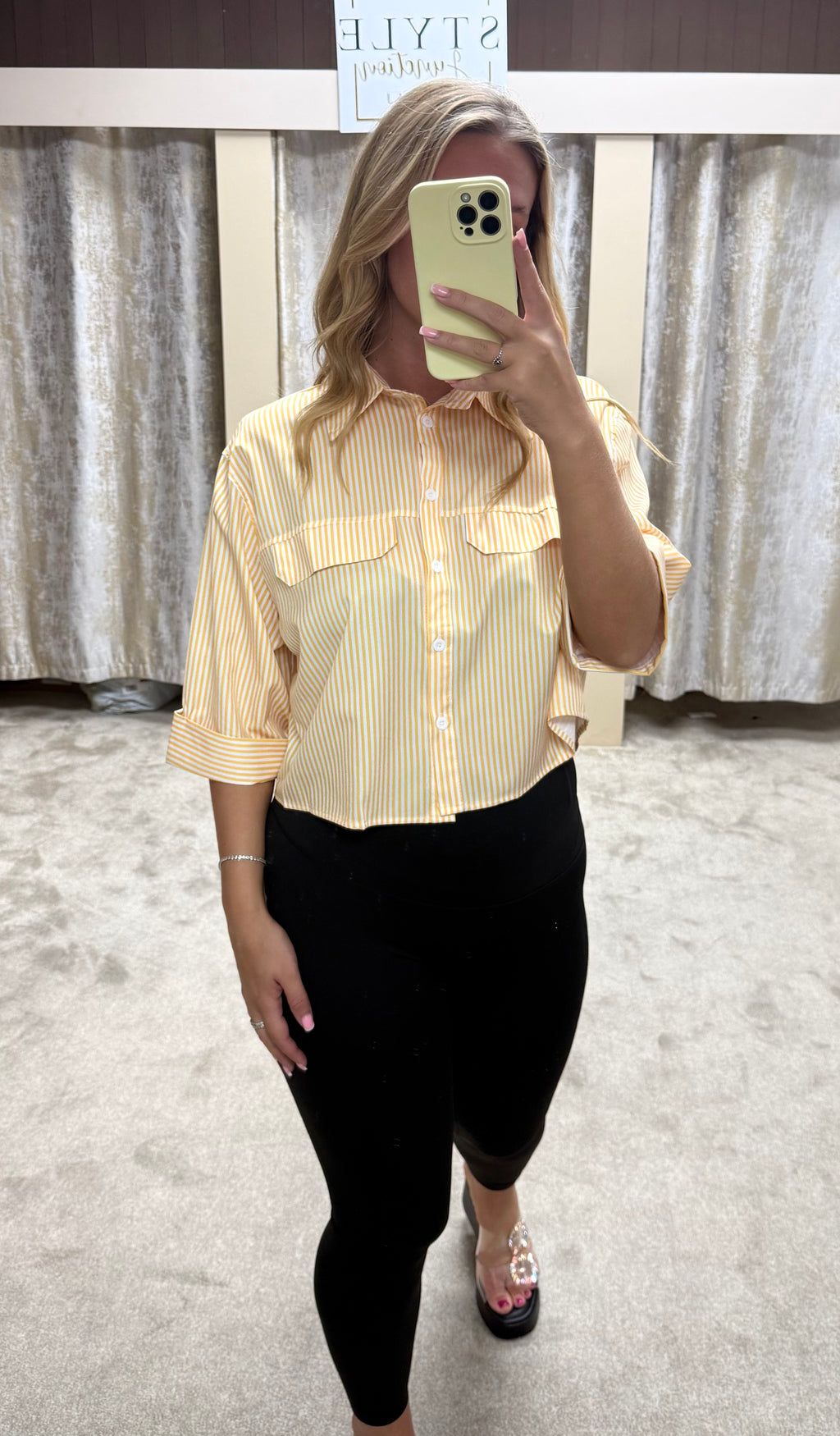 Lemon Pinstripe Cropped Oversized Shirt