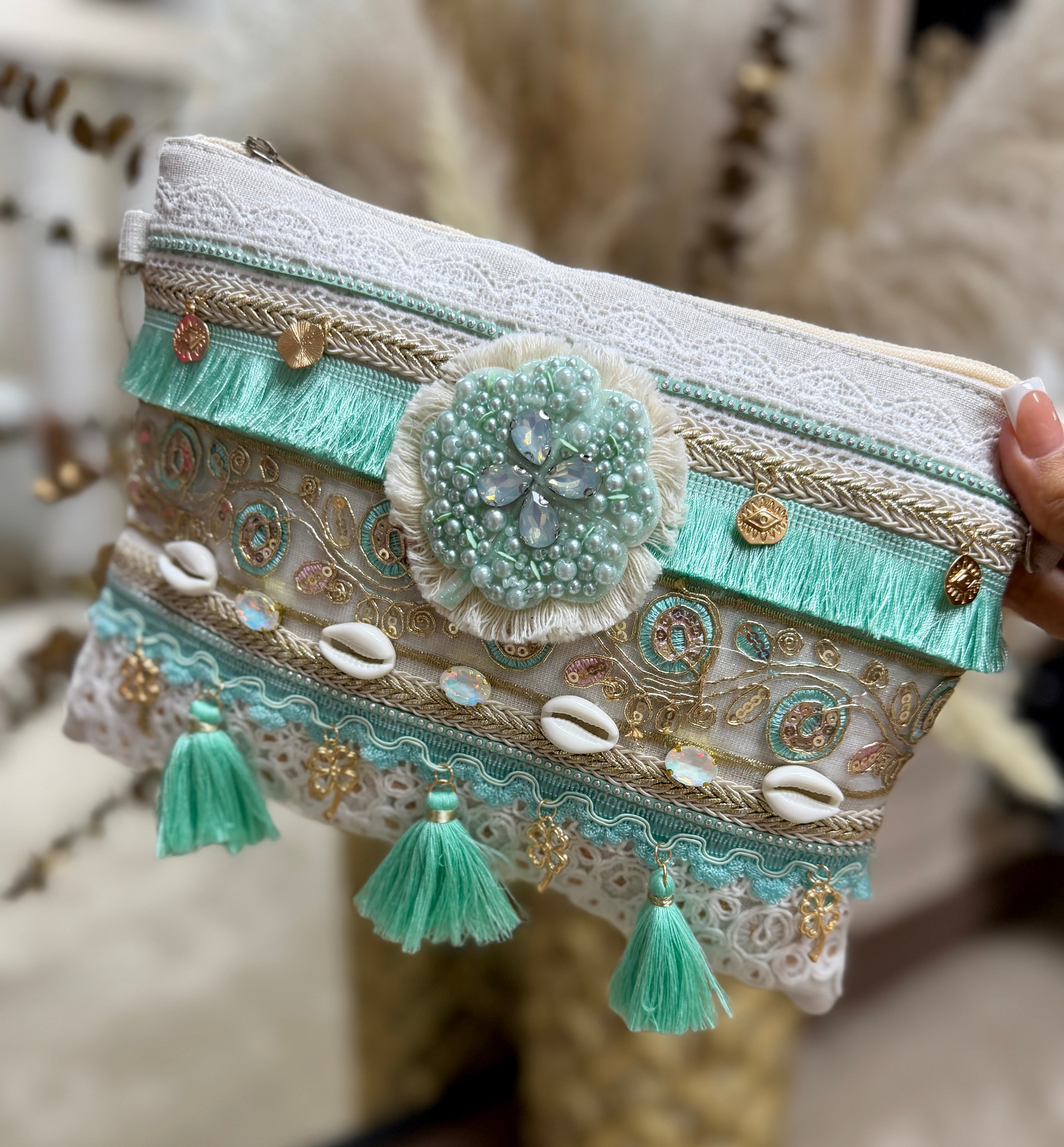 Embellished Boho Clutch Bag - Mint Green Flower