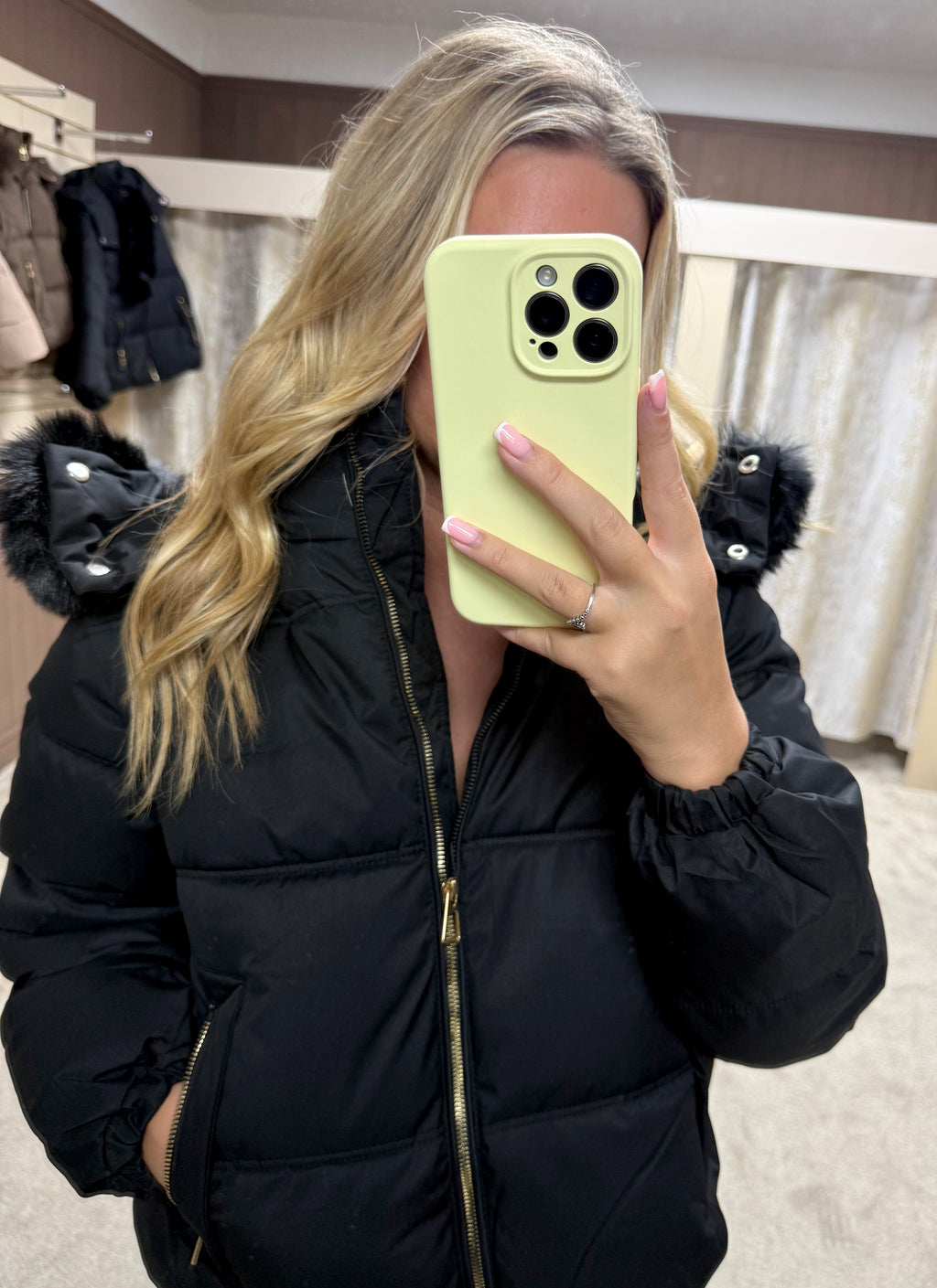 Luxe Faux Fur Gold Zip Detail Coat - Black