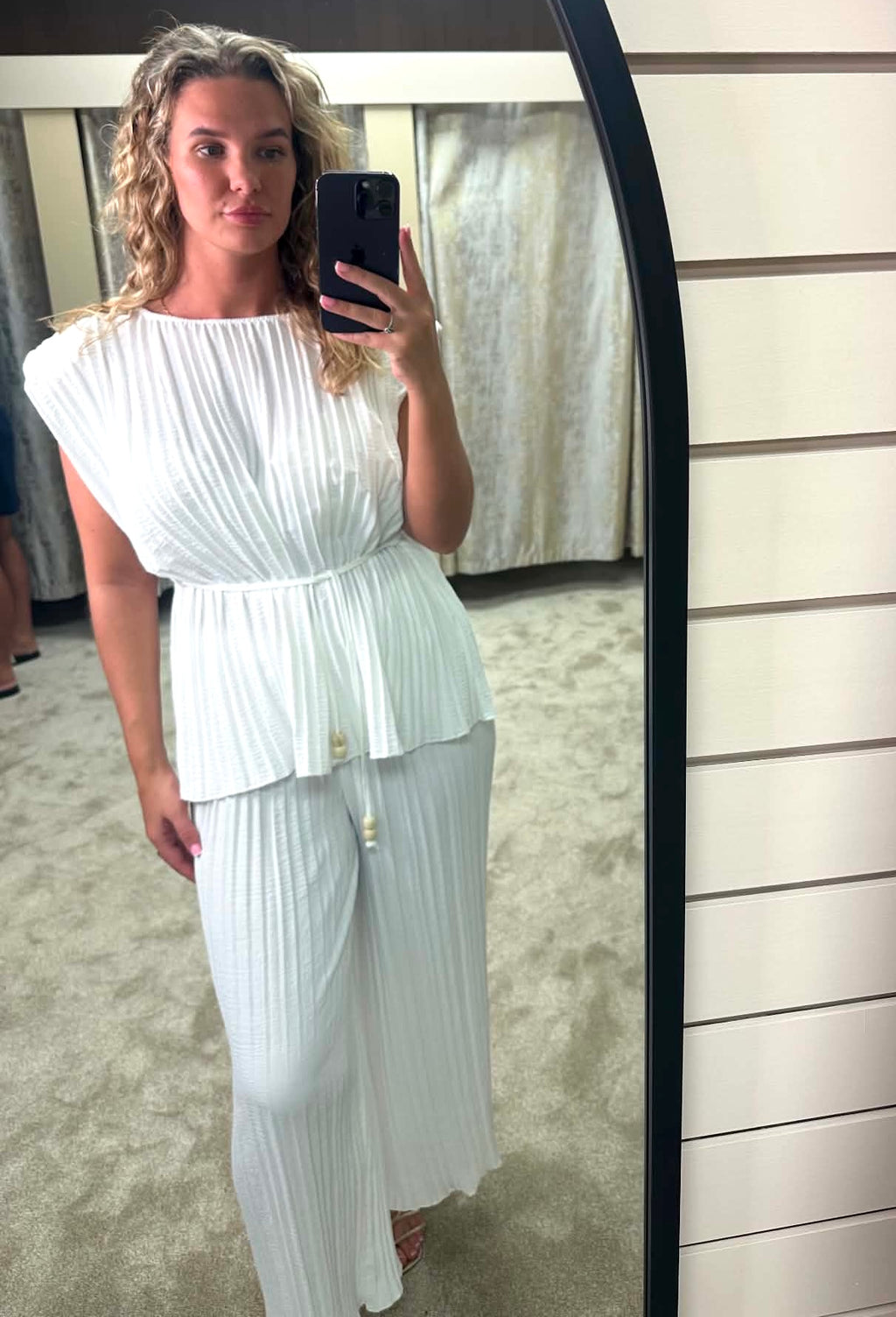 Pleated Shoulder Pad Tie Waist Top & Trouser Co Ord