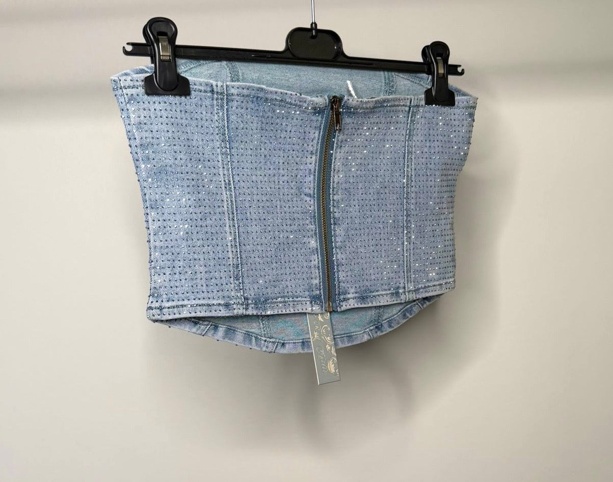 Diamanté Stretchy Denim Zip Up Corset Top