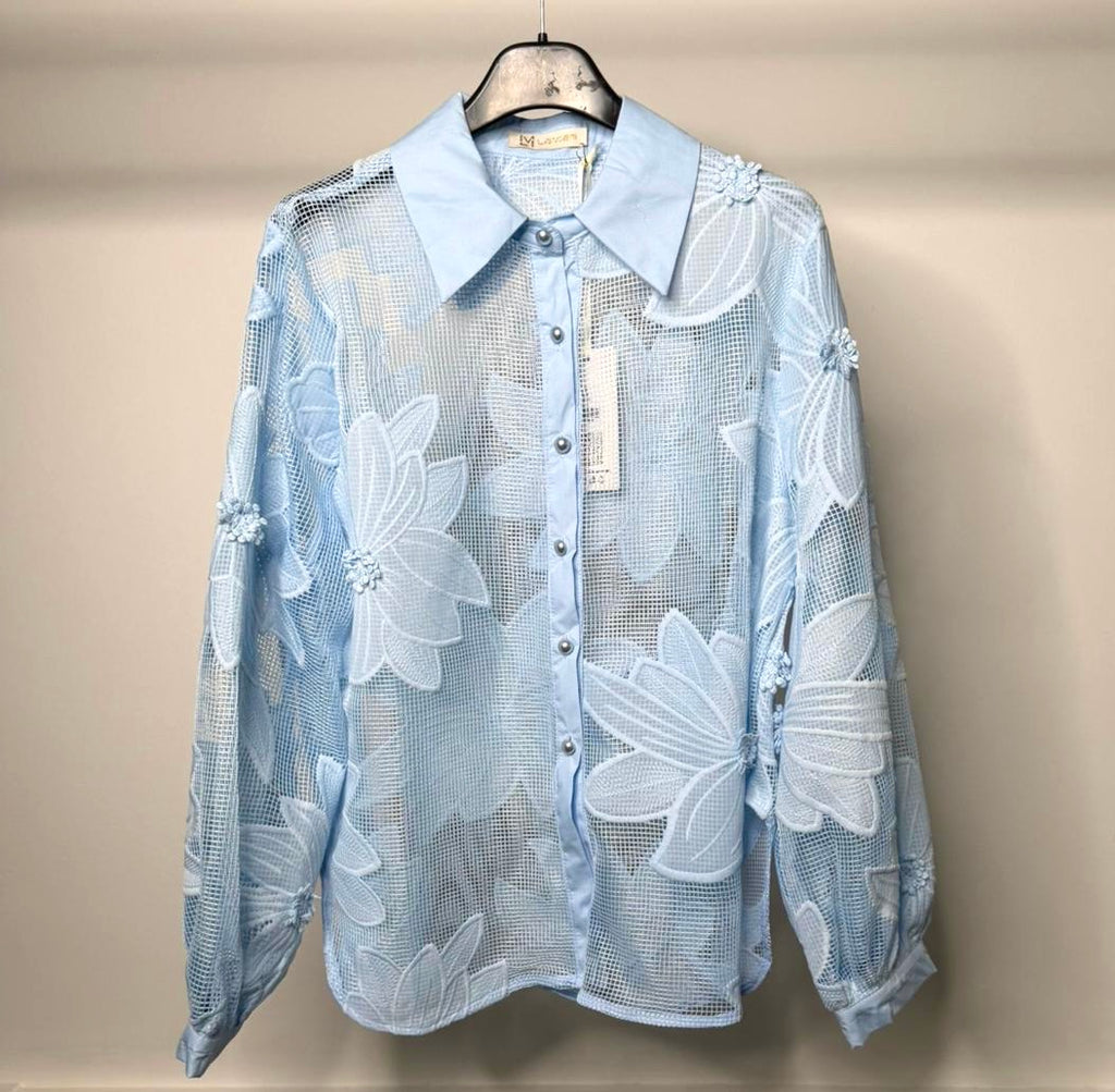 LUXE Mesh Flower Detail Oversized Shirt