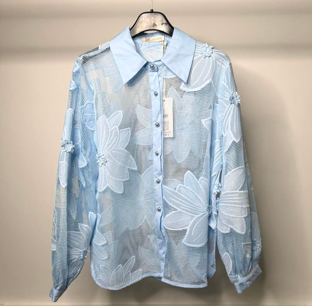 LUXE Mesh Flower Detail Oversized Shirt