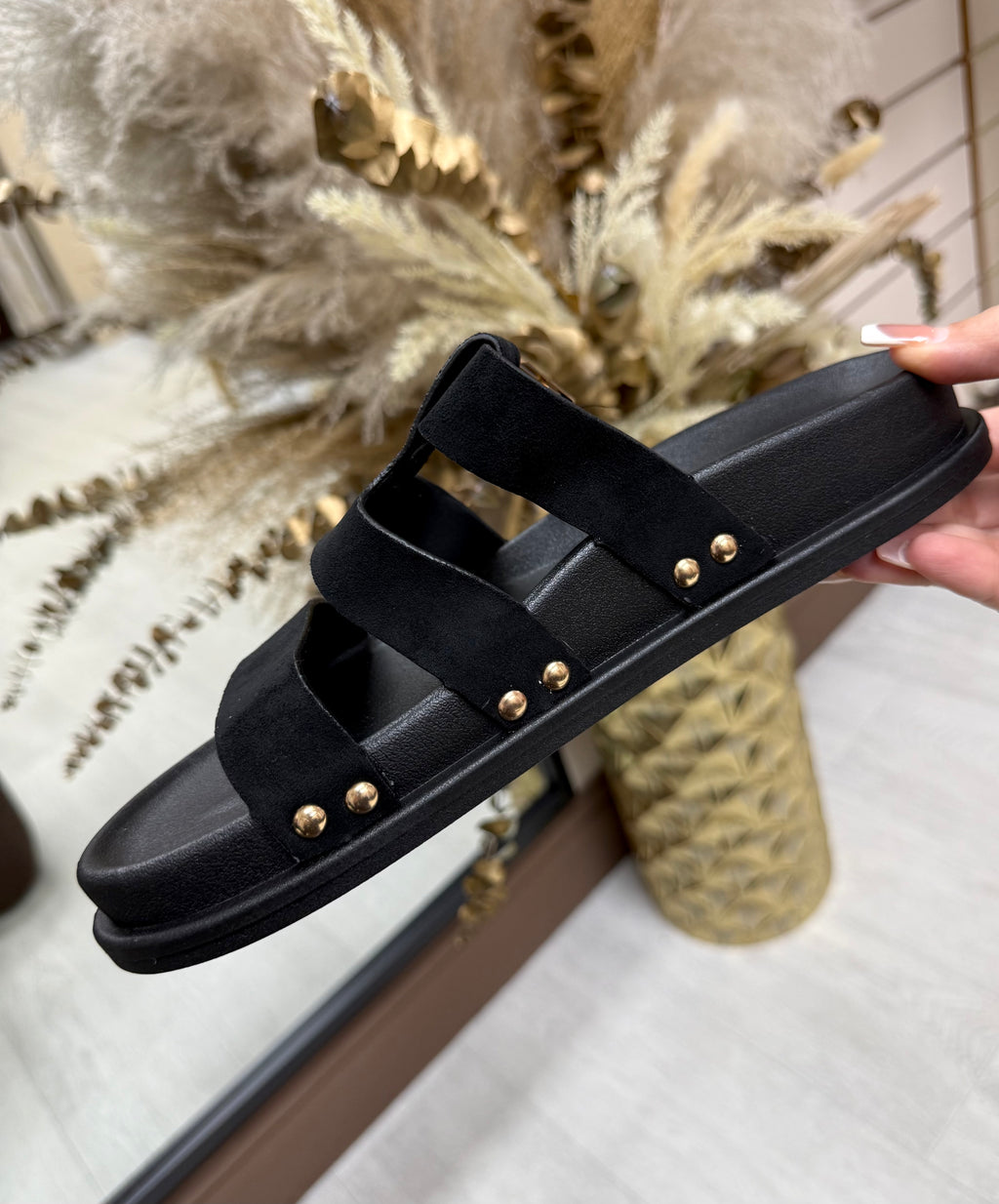 Black & Gold Detail Faux Suede Sliders with Adjustable Buckle