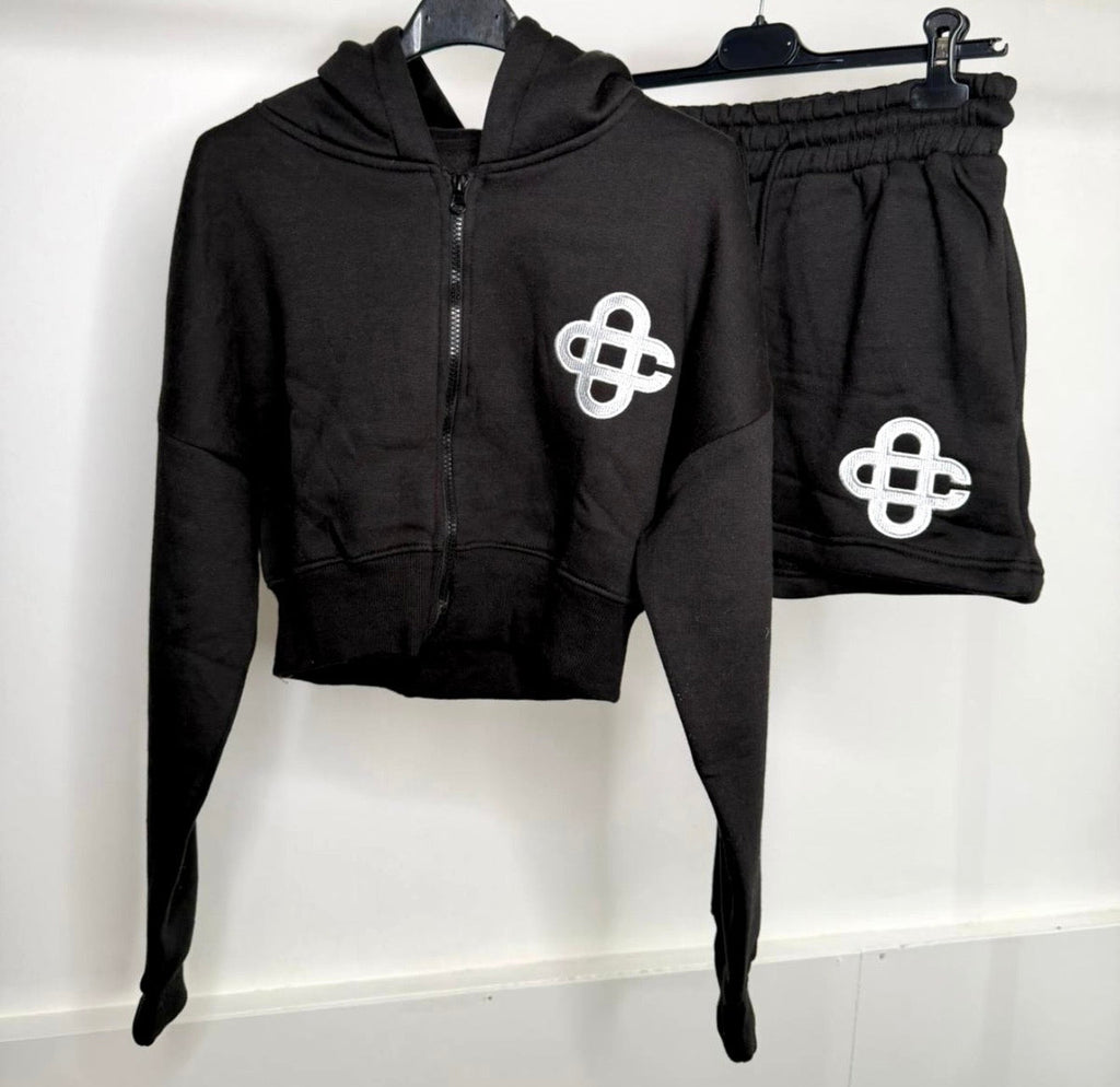 Waist Cinching Zip Up Hoodie & Shorts Knot Logo Co Ord - Black