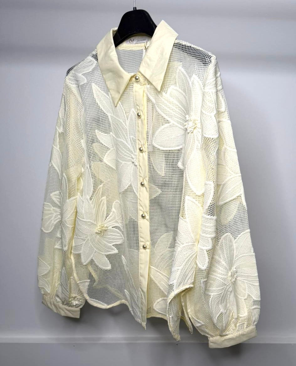 LUXE Mesh Flower Detail Oversized Shirt
