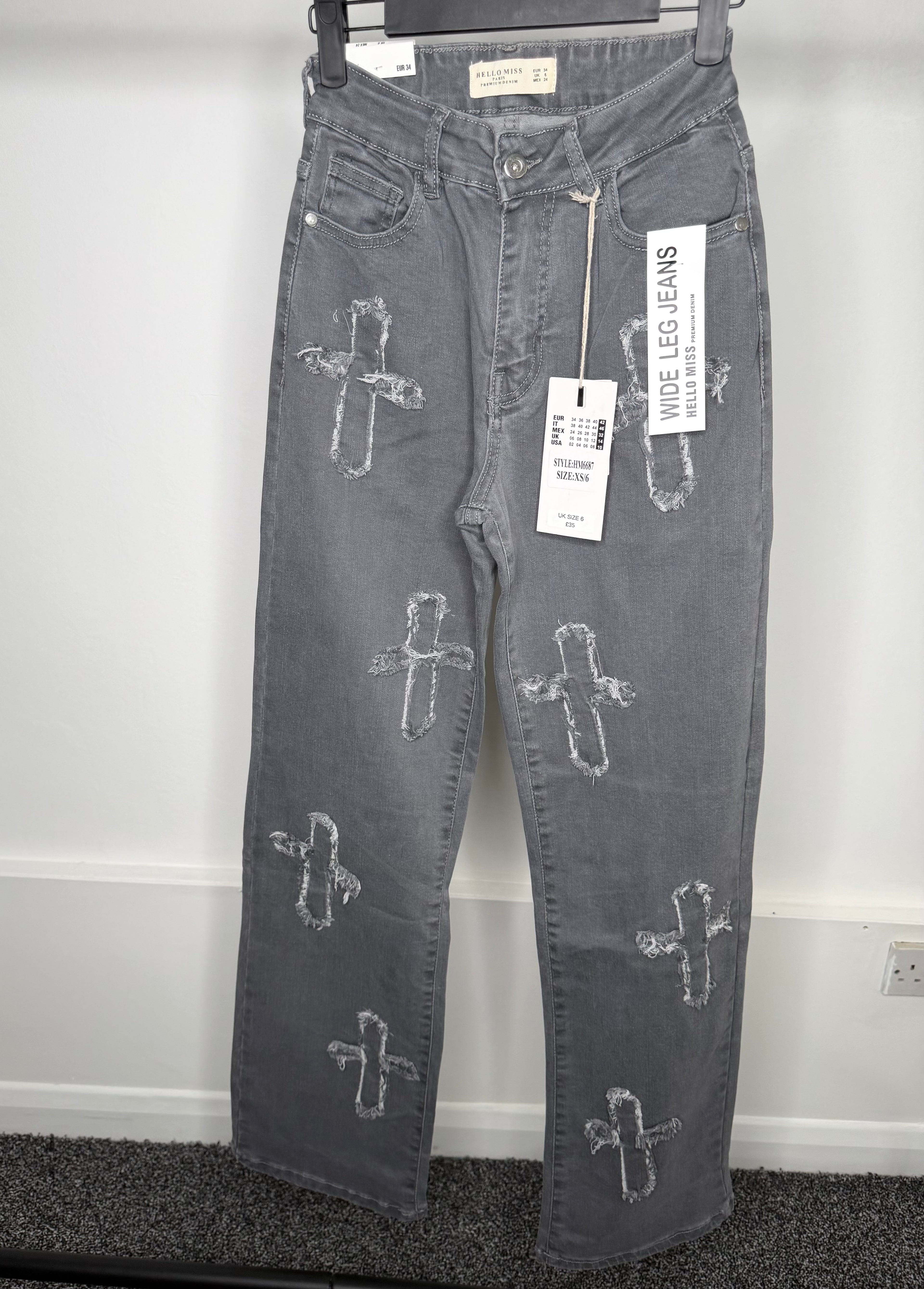 Crucifix Premium Denim Wide Leg High Waisted Stretchy Jeans - Grey