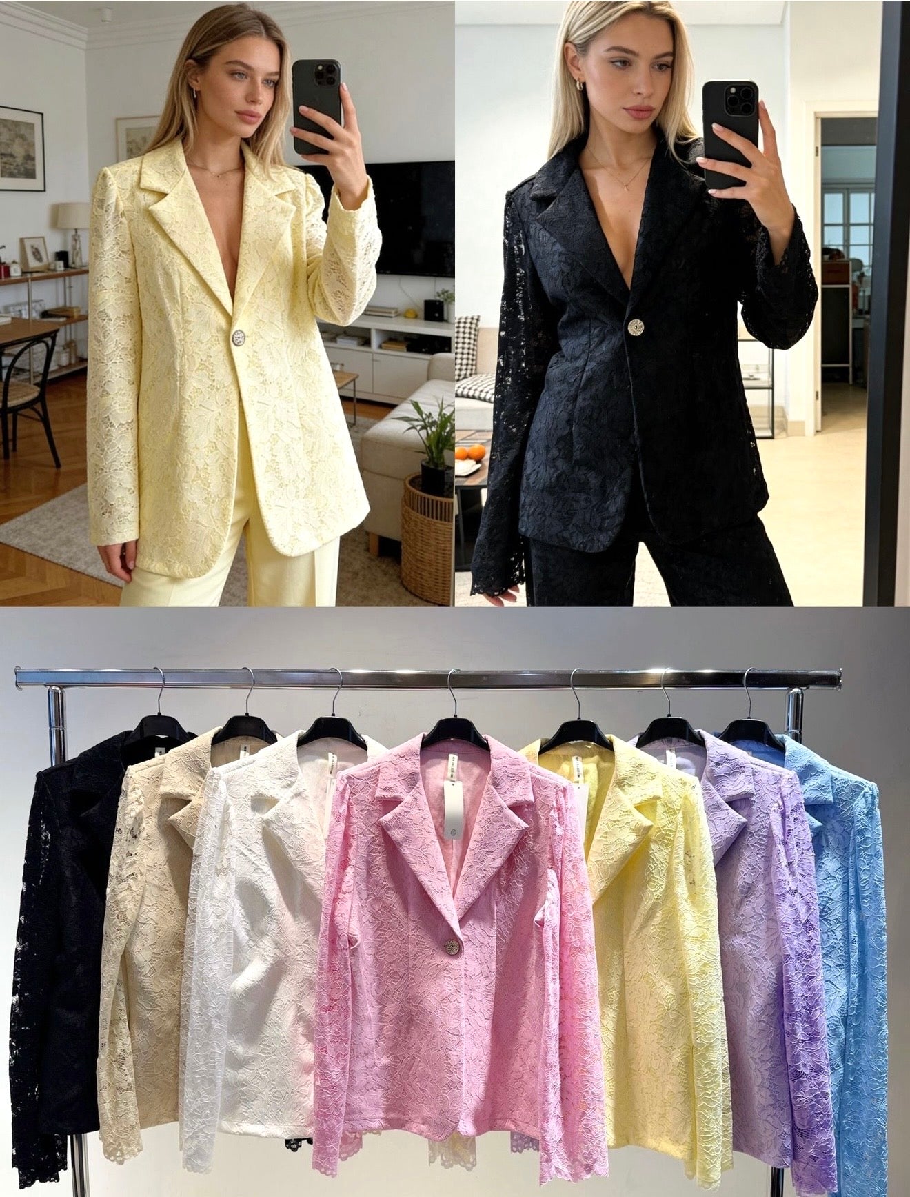 Lace Sleeve Detail Blazer with Diamante Button