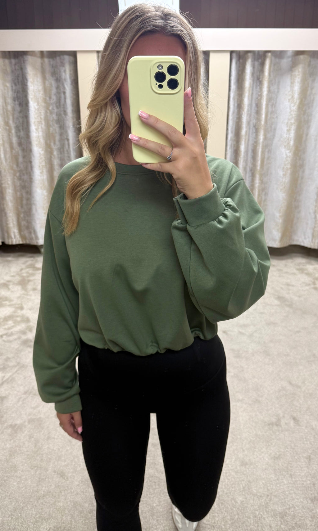Long Sleeve Bubble Hem Elasticated Cropped Scuba Top