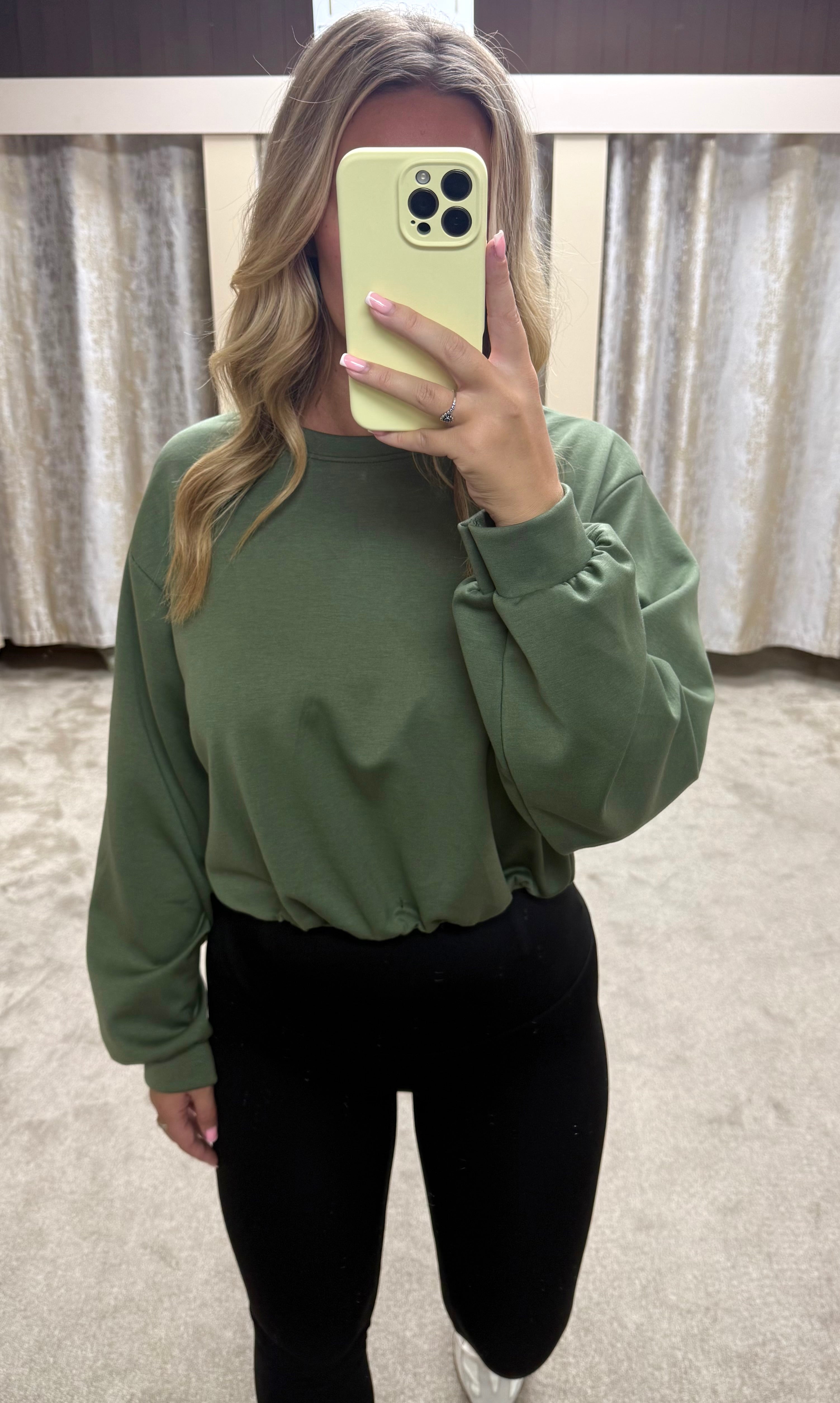 Long Sleeve Bubble Hem Elasticated Cropped Scuba Top