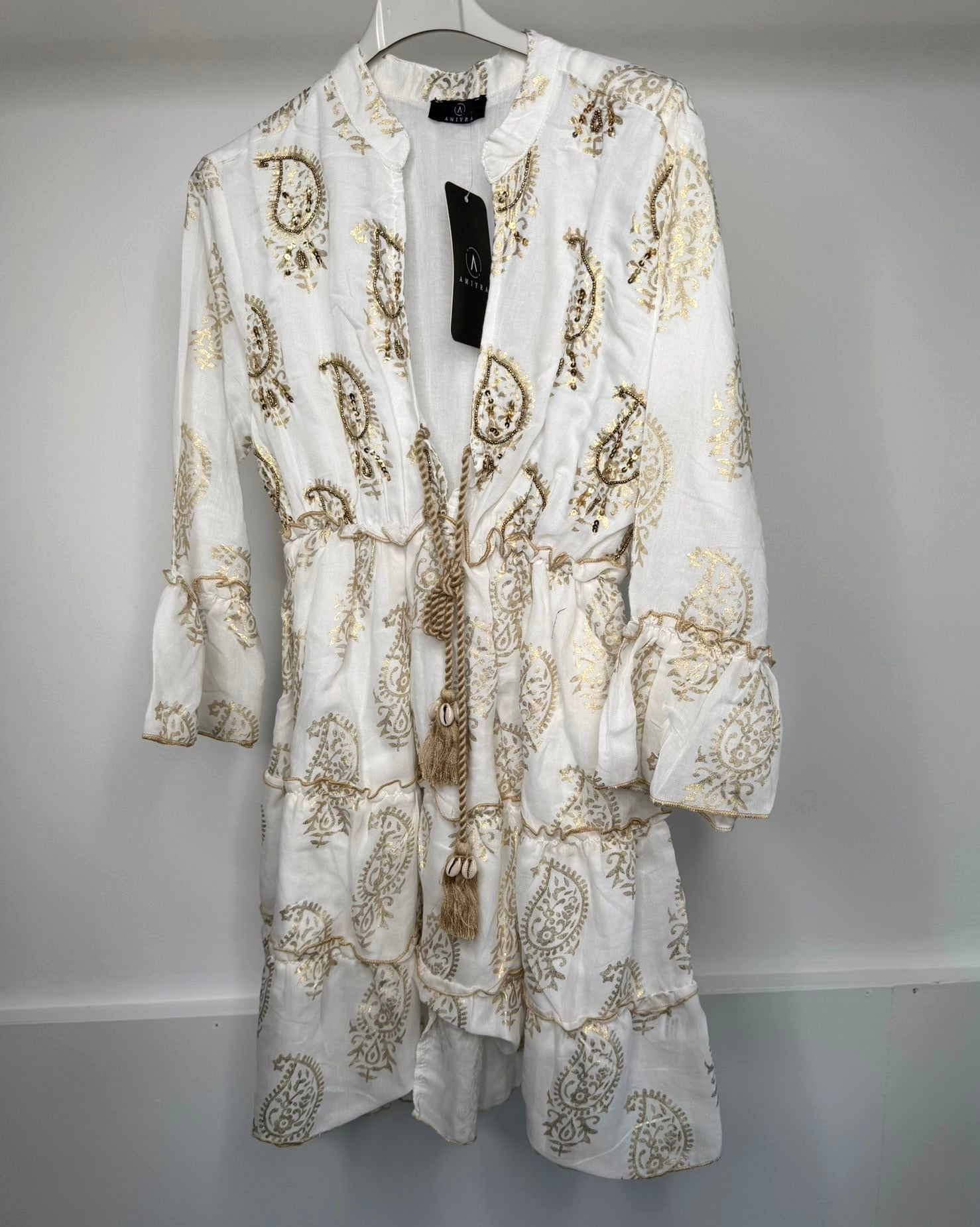 Gold Embellished Shell Tassel Detail Bohemian V Neck Dress