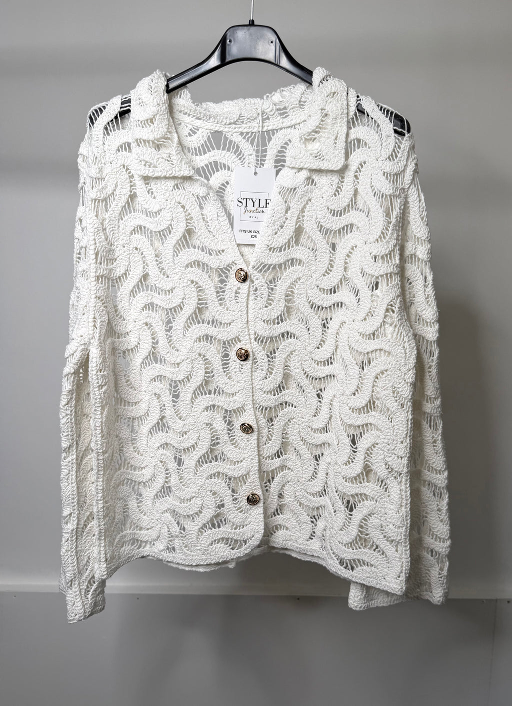 White Crochet Collared Cardigan With Gold Button Detail