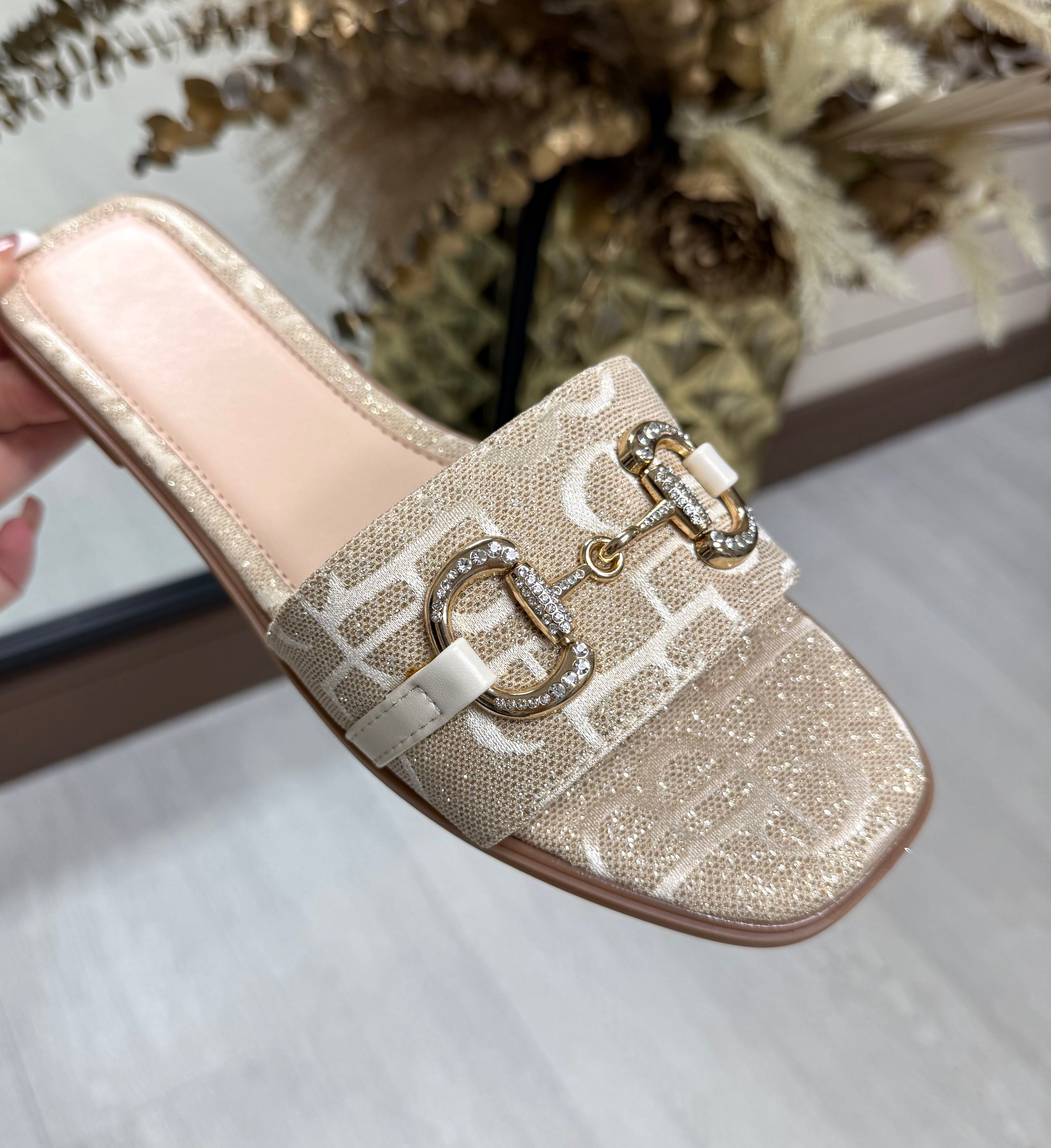 Diamanté Horsebit Slider in Glitter Champagne Gold