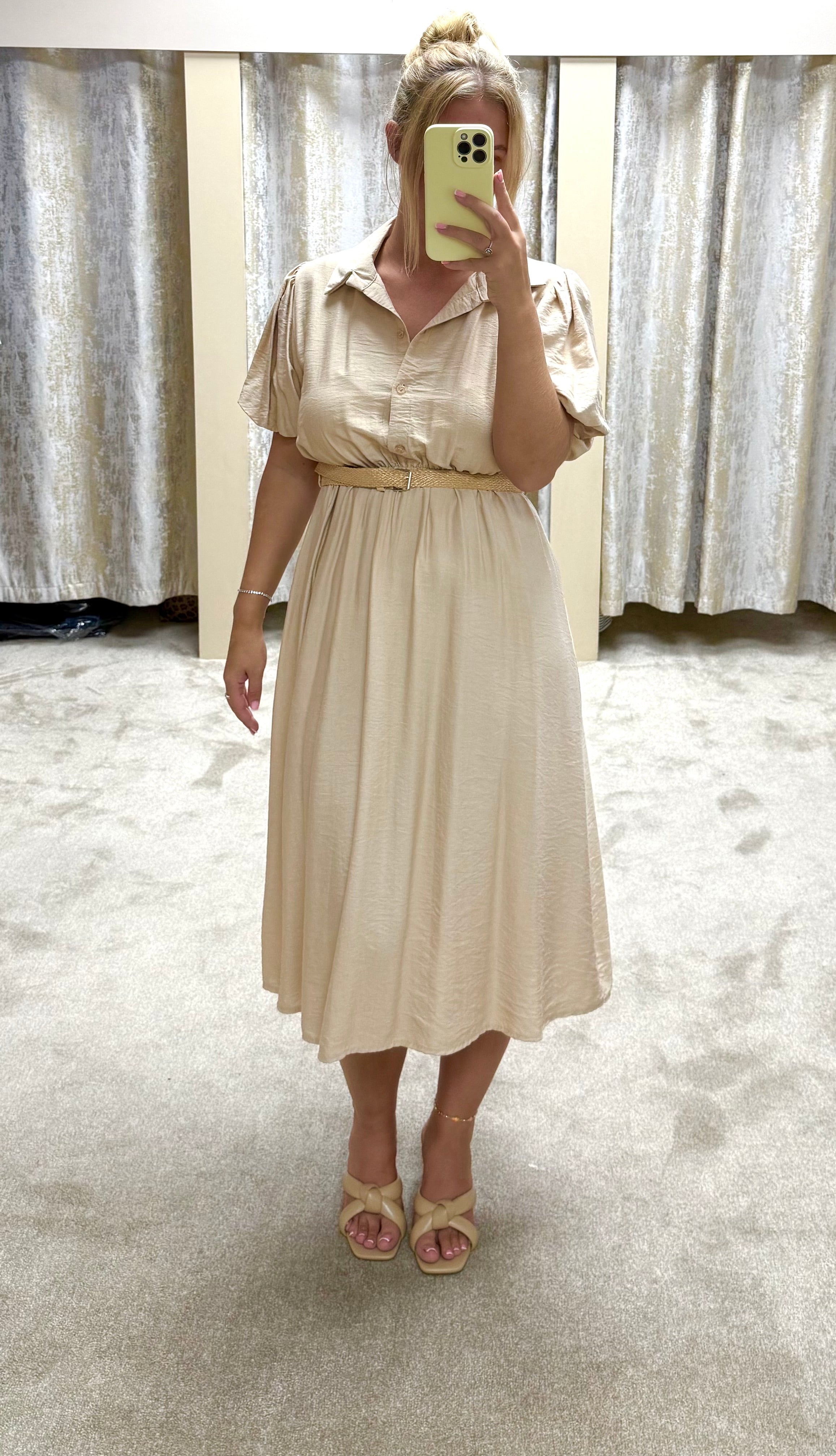Puff Sleeve Elasticated Waist & Belt Detail Maxi Dress