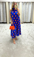 Royal Blue & Orange Polka Dot Pleated Maxi Dress