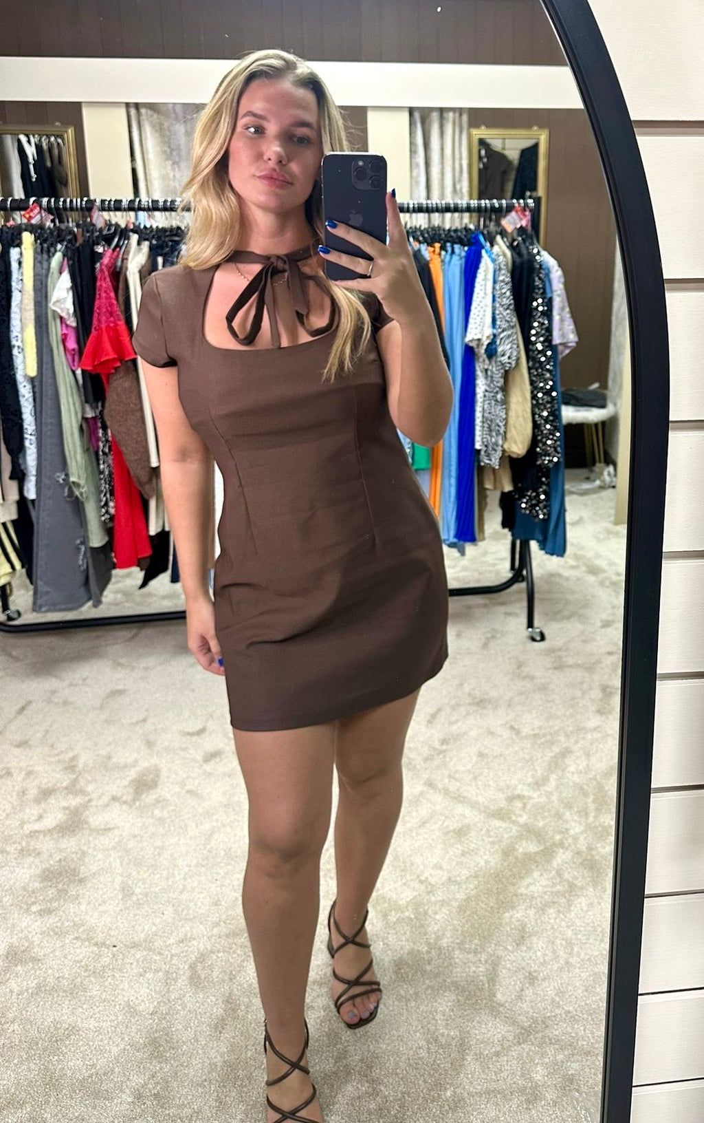 Square Neckline Tie Detail Stretchy Dress
