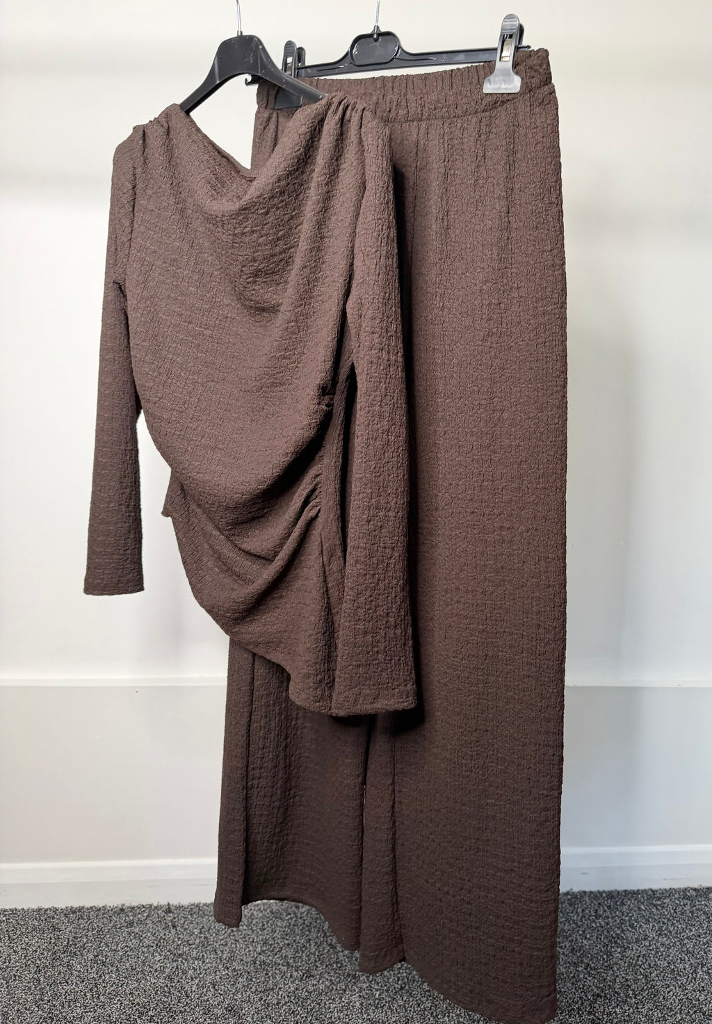 Ruched Detail Waist Cinching Cheesecloth Asymmetrical Long Sleeve Top & Trouser Co Ord