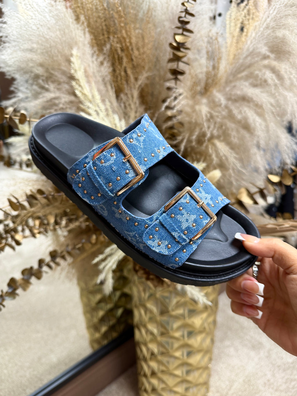 Louis Vuitton Inspired Denim Sliders