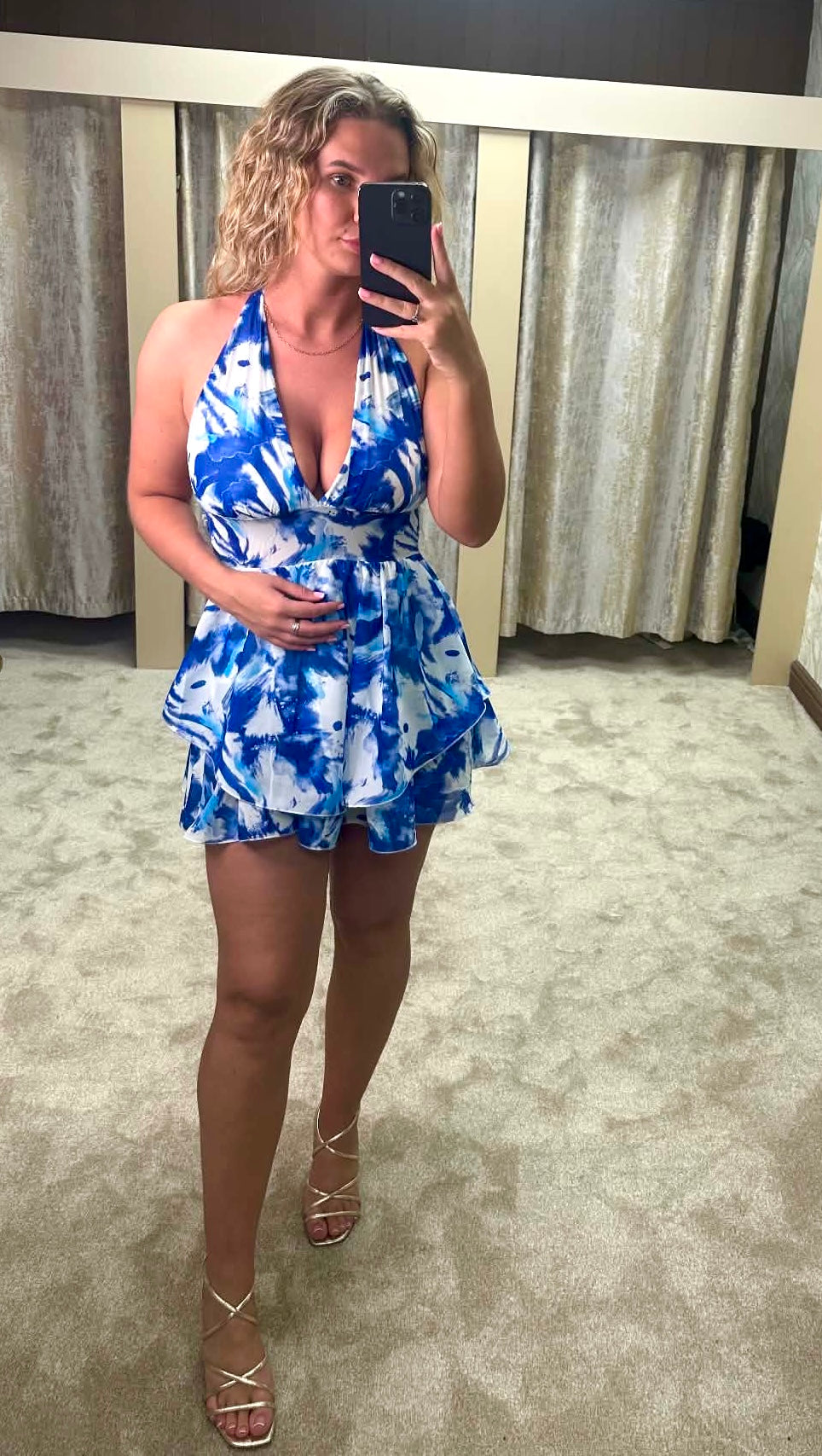 Halter Neck Marble Print Chiffon Dress - Blue