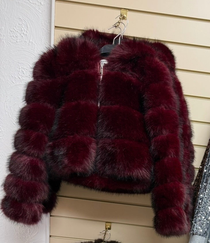 Burgundy Faux Fur Zip Jacket with Hood