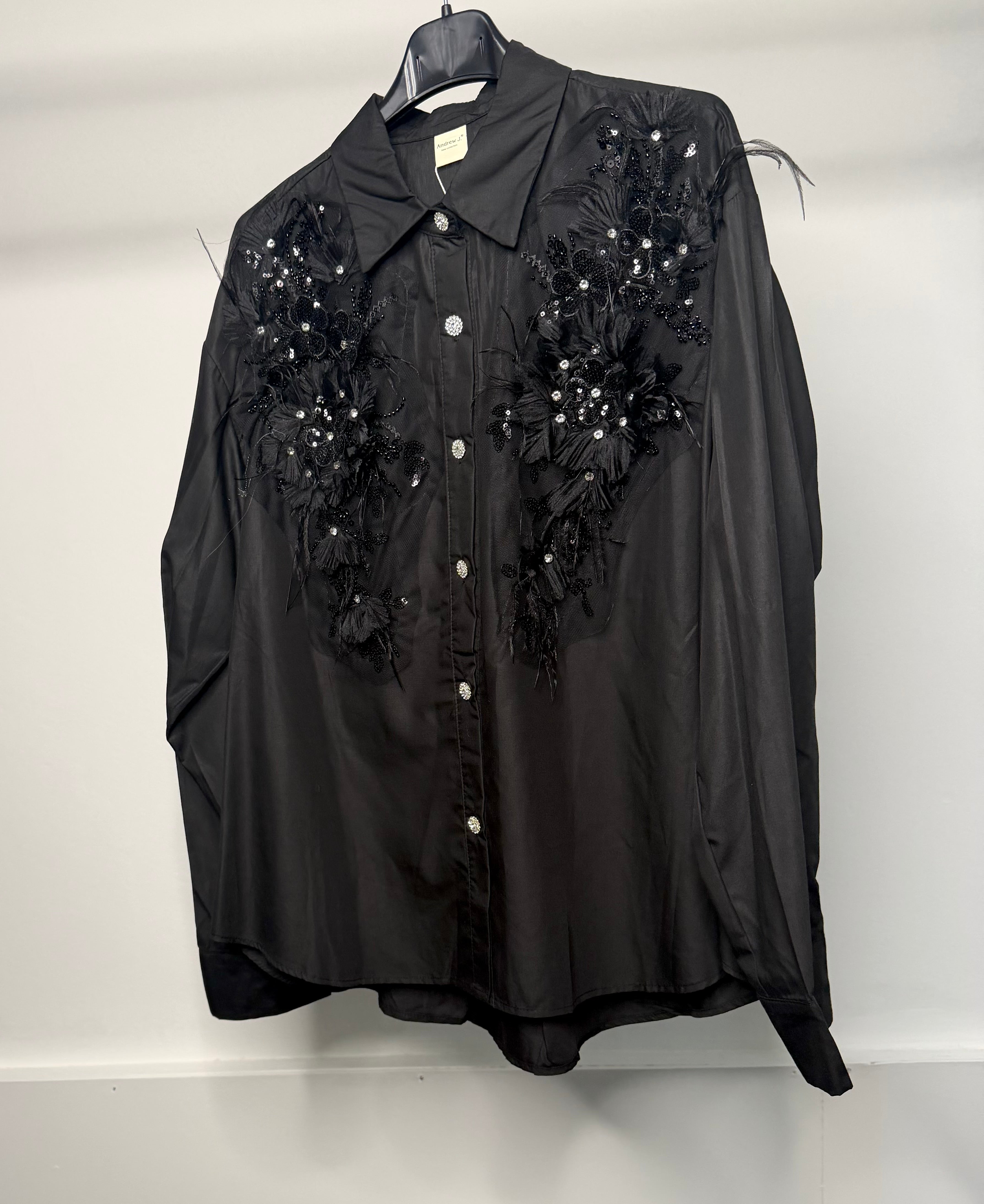 LUXE Embellished Diamanté Mesh Flower Detail Shirt