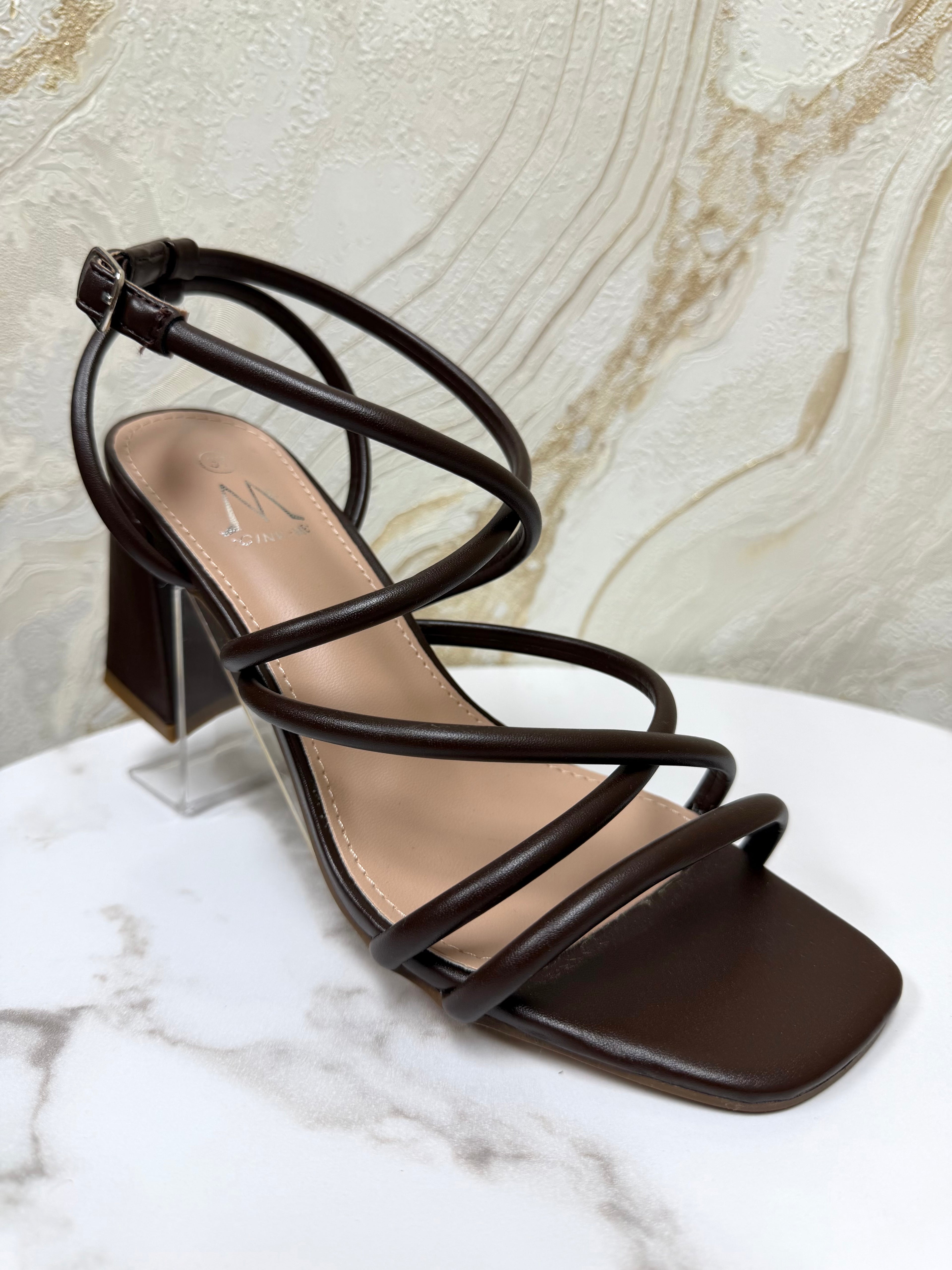 Strappy Comfy Block Heels - Chocolate Brown